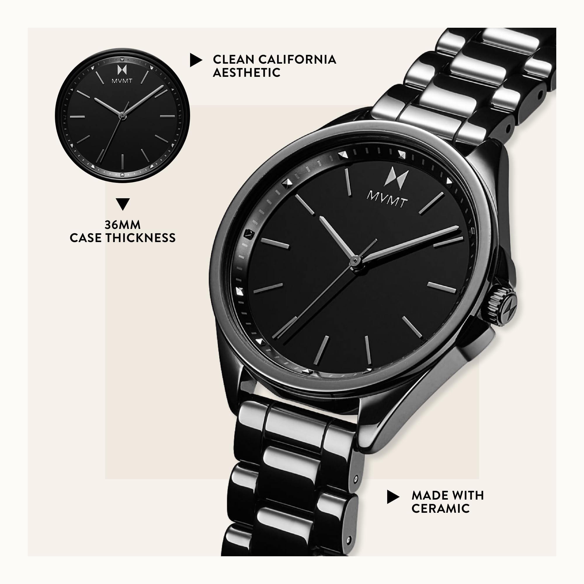 MVMT Coronada Ceramic Women's Wristwatch - Minimalist Analog Watch with Interchangeable Bands - Water Resistant 30M (3ATM) - 36mm Small Metal Watch for Women - Perfect for Office, Casual Wear & Everyday Use