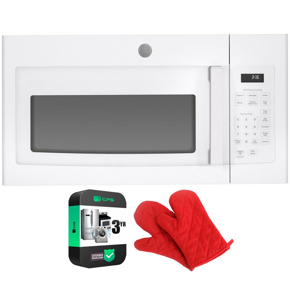 GE JVM3160DFWW 1.6 Cu. Ft. Over-the-Range Microwave Oven in White - Includes Heat Resistant Oven Mitts & 3-Year Protection Plan - Perfect for Kitchen Remodeling & Small Space Cooking
