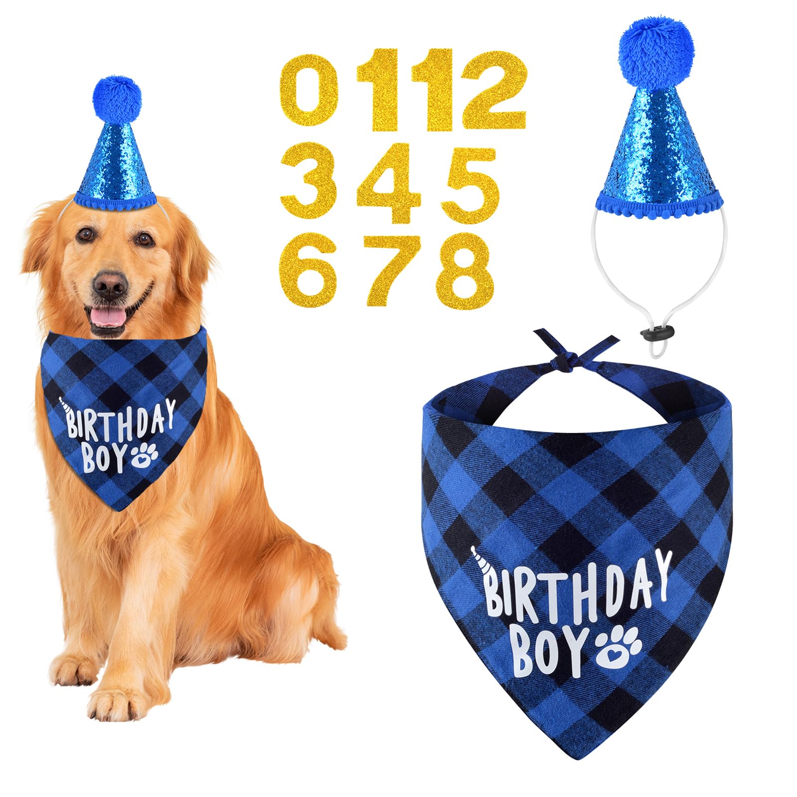 Dog Birthday Party Supplies Set - Adjustable Birthday Bandana & Hat with Numbers for Small, Medium, Large Dogs - Perfect for Puppy Birthday Celebrations, Pet Parties & Photo Shoots