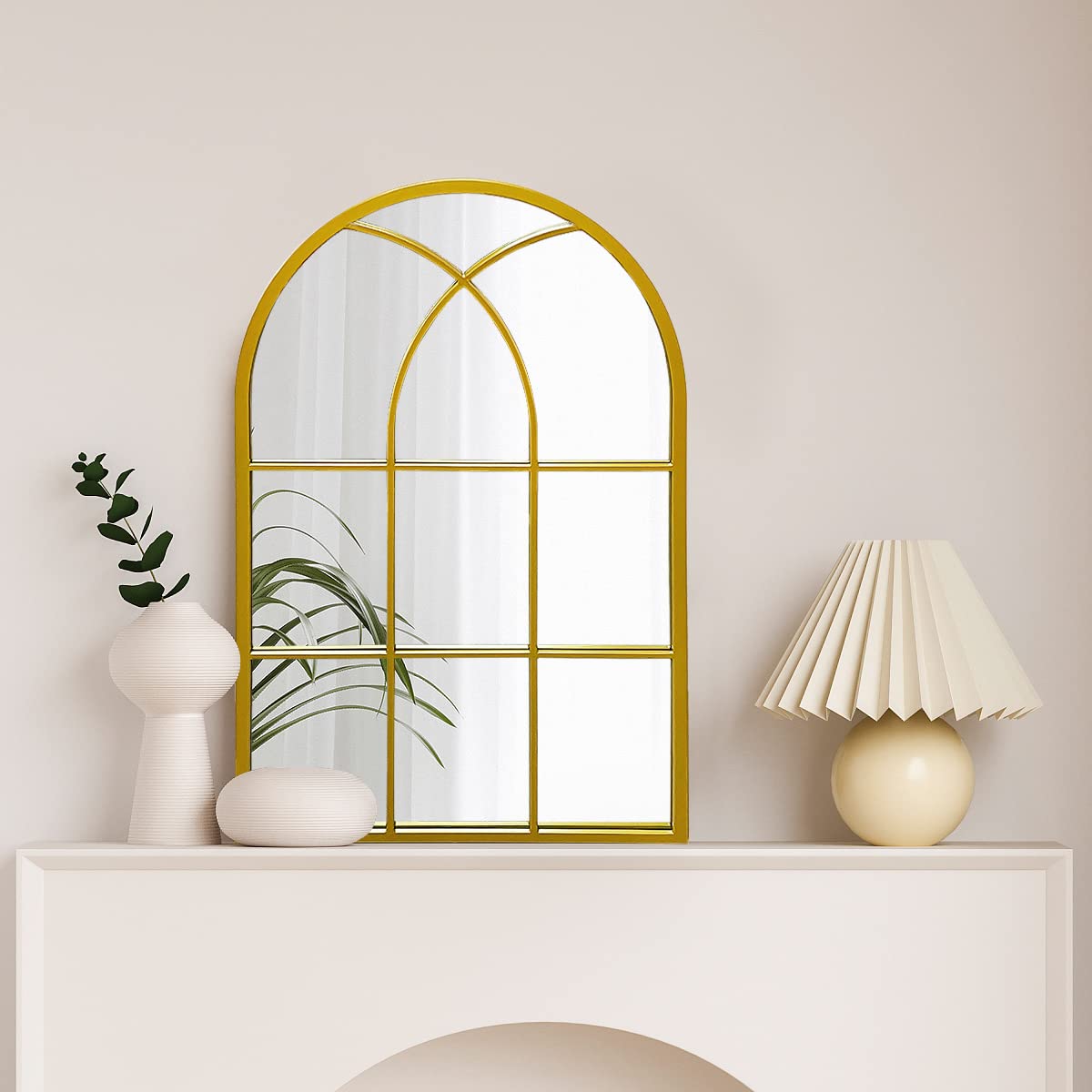 20x28 Inch Arched Wall Mirror - Gold Metal Farmhouse Vanity Mirror with Rustic Windowpane Design for Bathroom, Bedroom & Entryway Decor