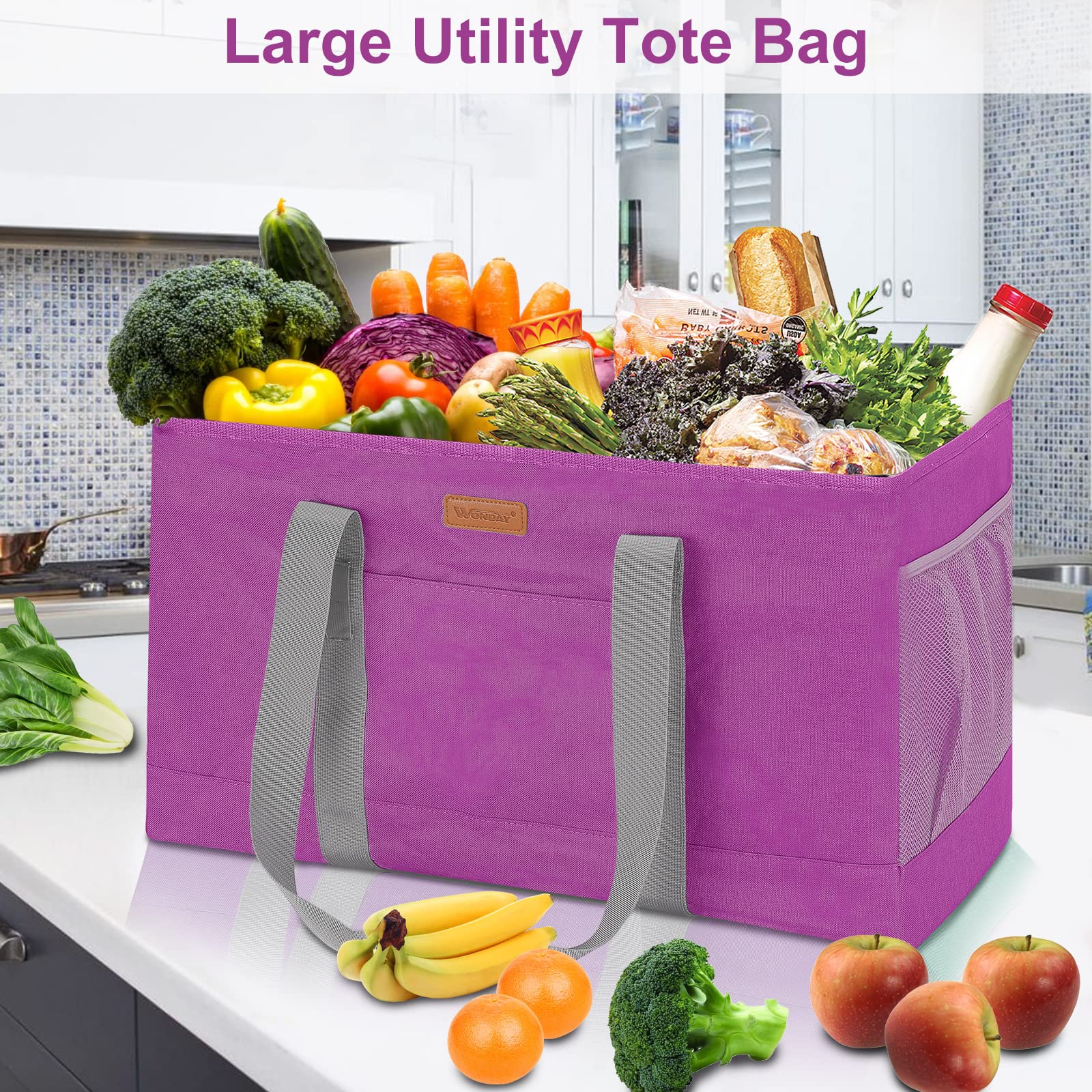 WONDAY Extra Large Reusable Grocery Bags - Foldable Utility Tote for Women, Heavy Duty Shopping Bags for Groceries, Storage, Picnic, Beach & Pool | Perfect for Eco-Friendly Shopping, Travel & Outdoor Activities (Rose Red)