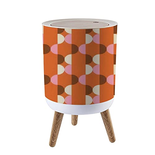 Vintage 70s Retro Small Trash Can with Lid - Brown, Orange, Pink & Beige Wooden Waste Bin | Press Cover Round Garbage Bin for Bathroom, Bedroom, Office & Kitchen | 60s & 70s Aesthetic Style Home Decor