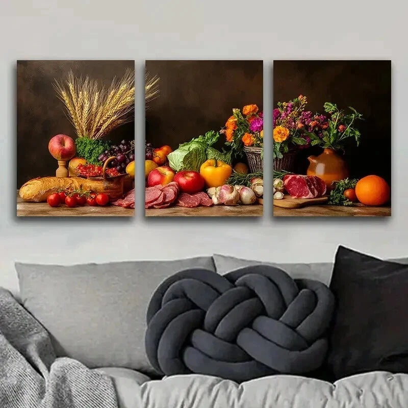 3pcs Luxurious Food Painting Colorful Wall Art Set - Framed Canvas 40x60cm, High Quality Print, 100% Australian Made, Ready to Hang - Perfect for Kitchen, Dining Room & Home Decor