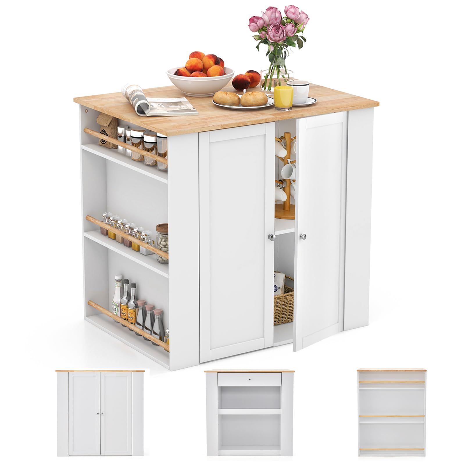 Moccha Kitchen Island with Storage Cabinet - 2 Doors, 2 Drawers, 6-Tier Spice Rack & Open Shelves - White Wood Counter Table for Dining Room (29.5
