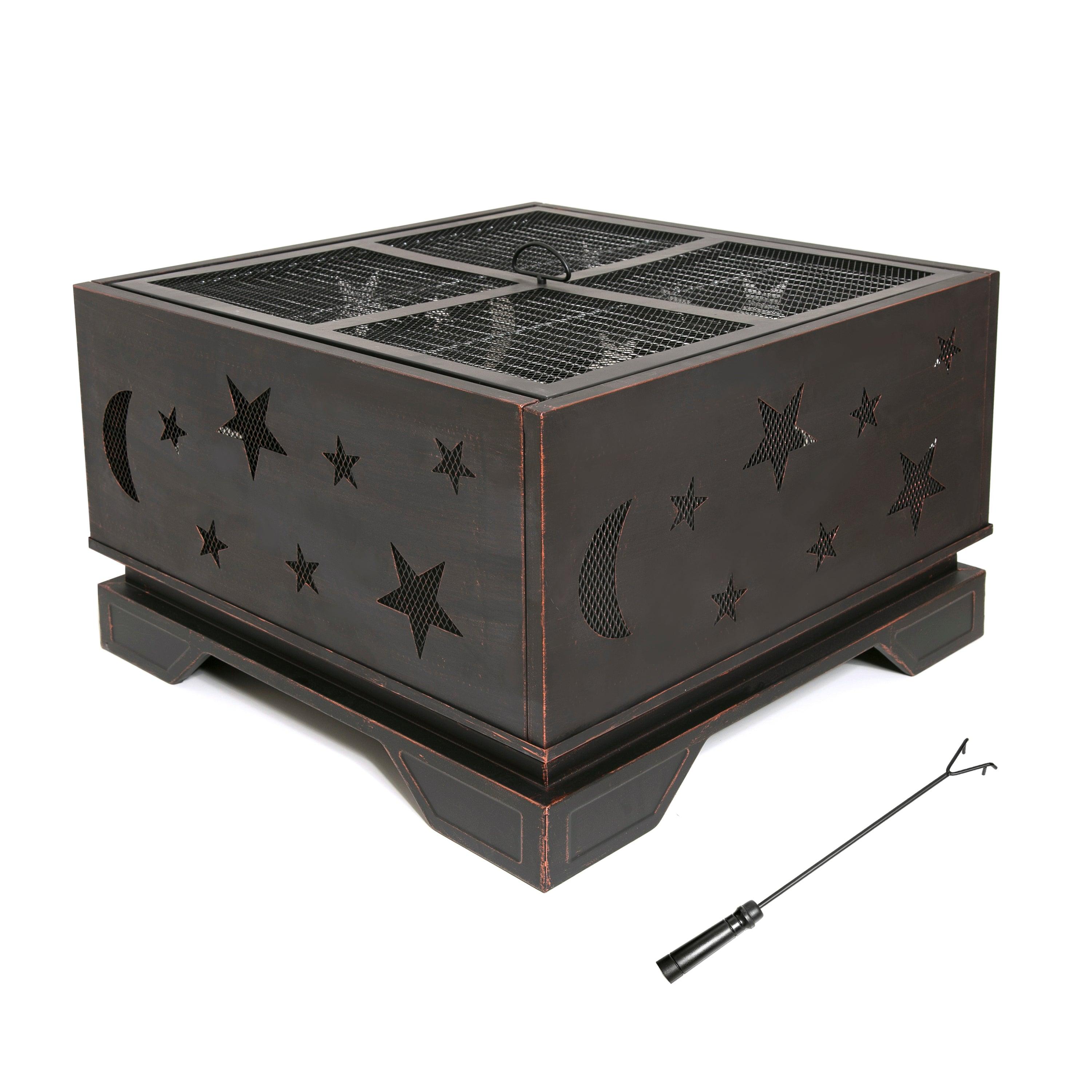 26 Inch Square Fire Pit with BBQ Grill - Outdoor Wood Burning Fire Pit with Poker Tool - Large Fireplace for Patio, Garden, Camping, Backyard & Picnic - Perfect for Bonfires, Roasting Marshmallows & Outdoor Gatherings
