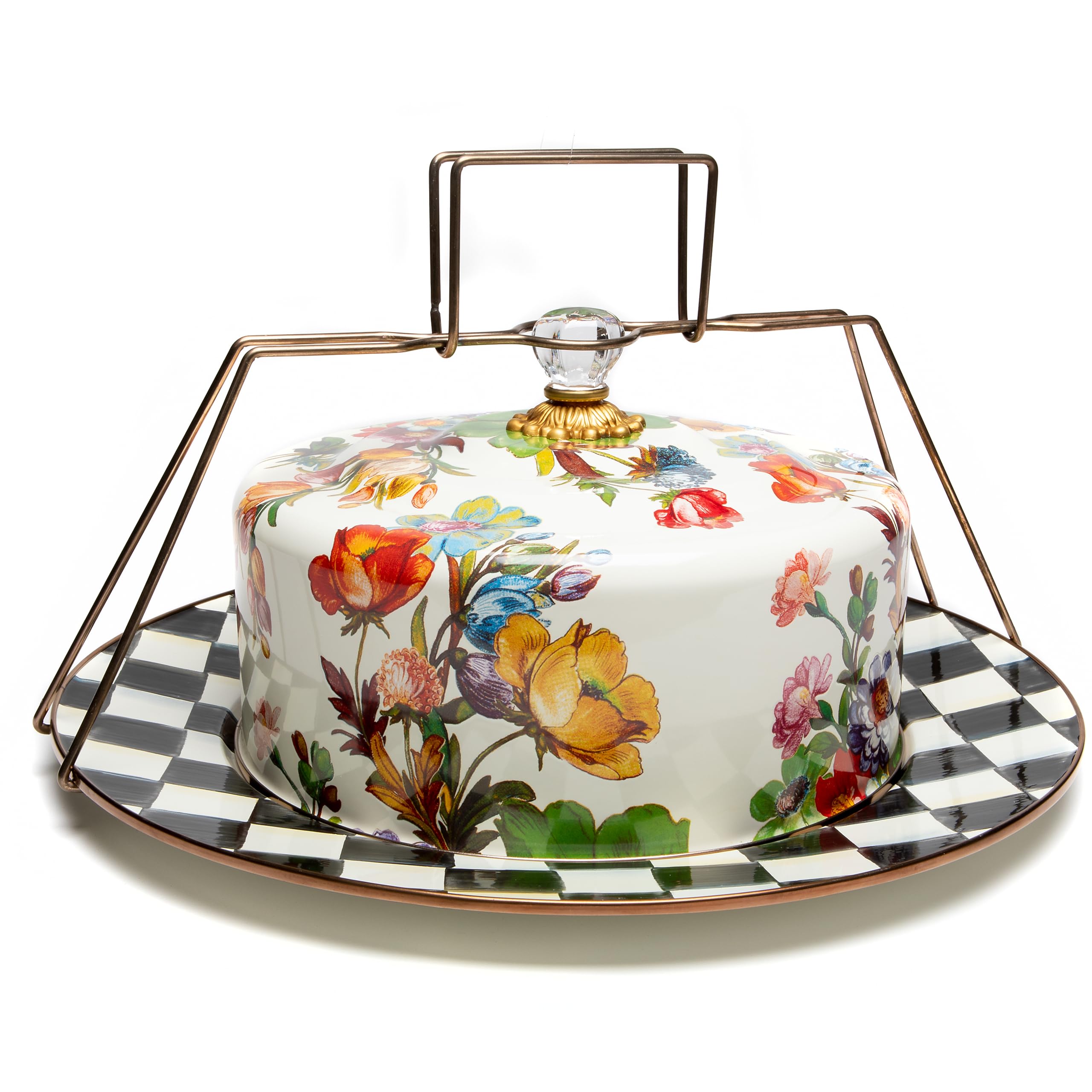 MACKENZIE-CHILDS White Flower Market Cake Carrier with Lid & Handles - Elegant Black-and-White Courtly Check Serving Platter for Parties, Picnics & Special Occasions