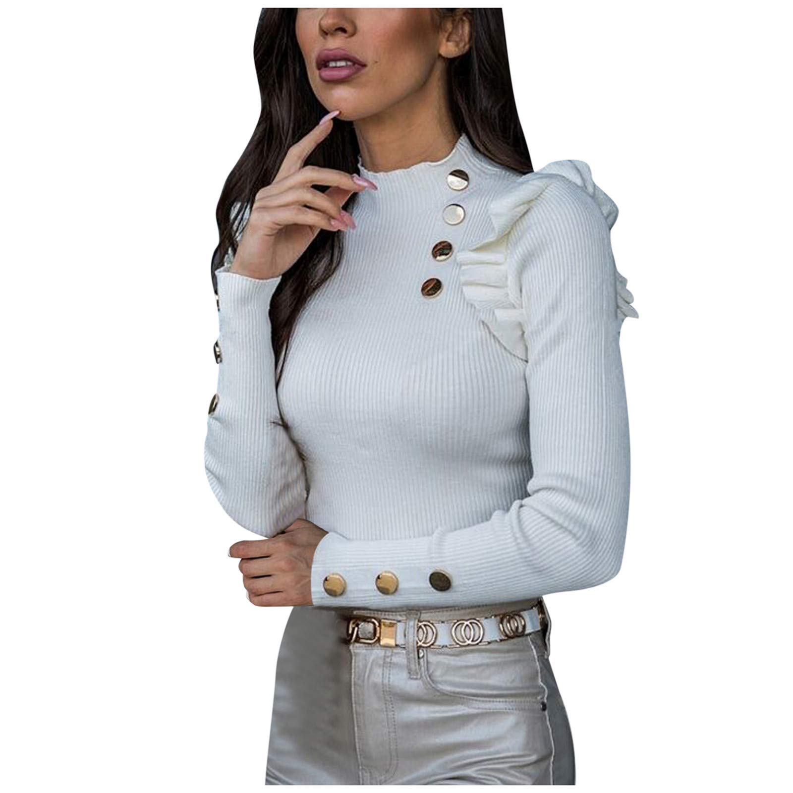 HUANKD Women's Long Sleeve Blouse - Slim Fit Button Down Shirt with Ruffled Hem & Bottom Buttons, Casual Office Wear & Spring Layering Top