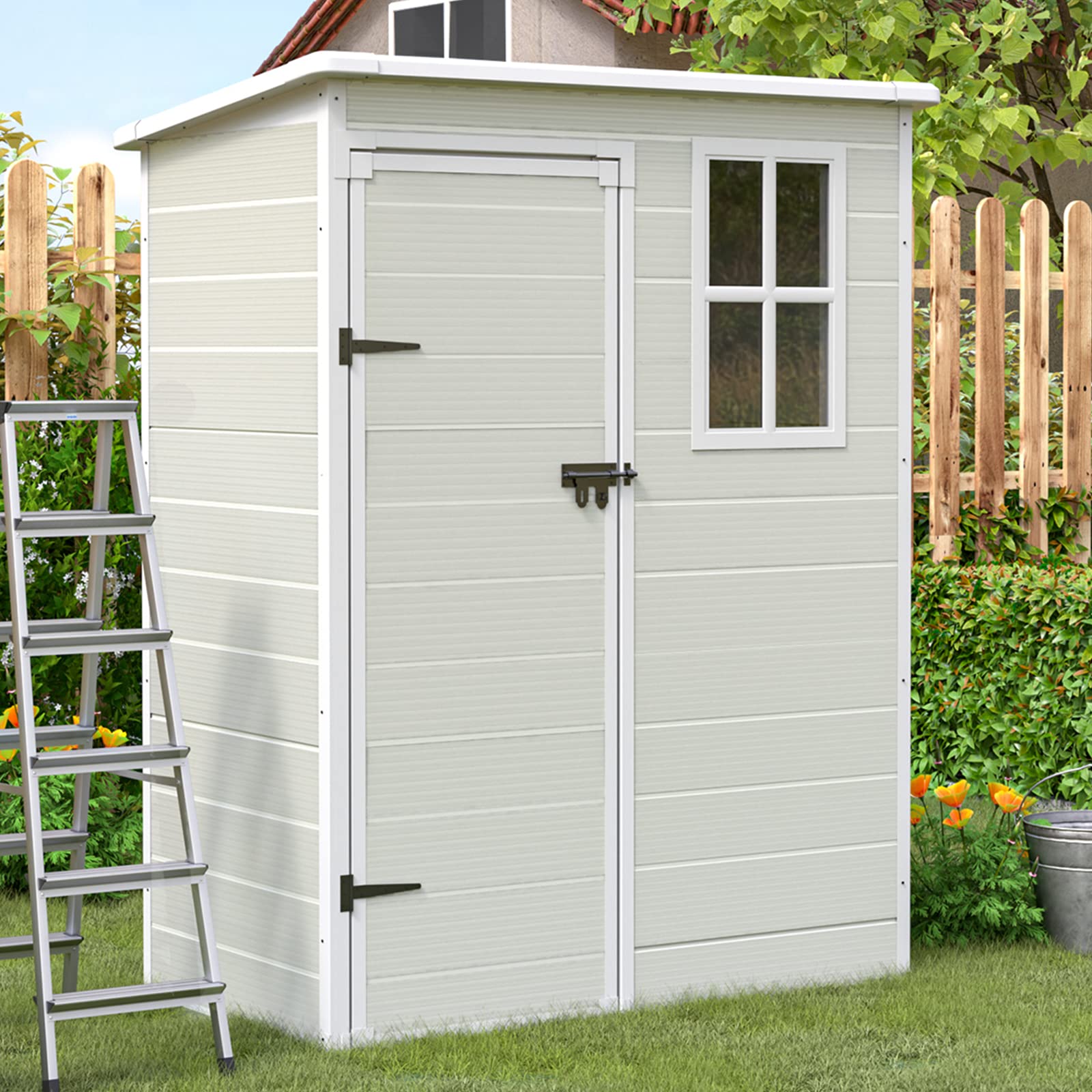 5x3 FT Outdoor Storage Shed - Durable Resin Garden Shed for Bike, Garbage Can & Tool Storage - Lockable Plastic Shed for Backyard, Patio & Lawn - Perfect for Organizing Outdoor Equipment & Seasonal Items (Sandstone Color)