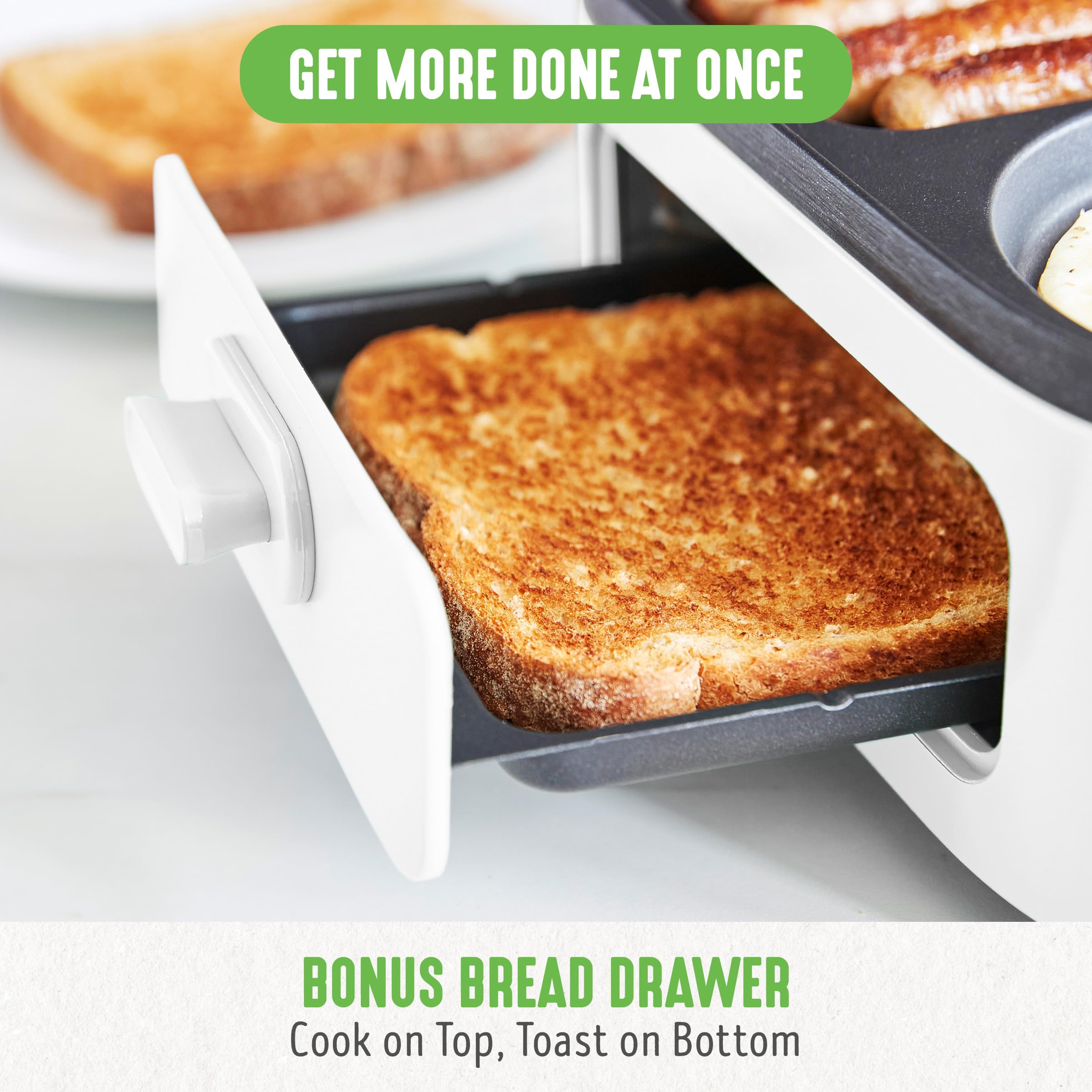 GreenLife 3-in-1 Breakfast Maker Station - Healthy Ceramic Nonstick Dual Griddles for Eggs, Meat, Sausage, Bacon & Pancakes - 2 Slice Toaster with Timer - Perfect for Quick Breakfast, Camping & Small Kitchens - White
