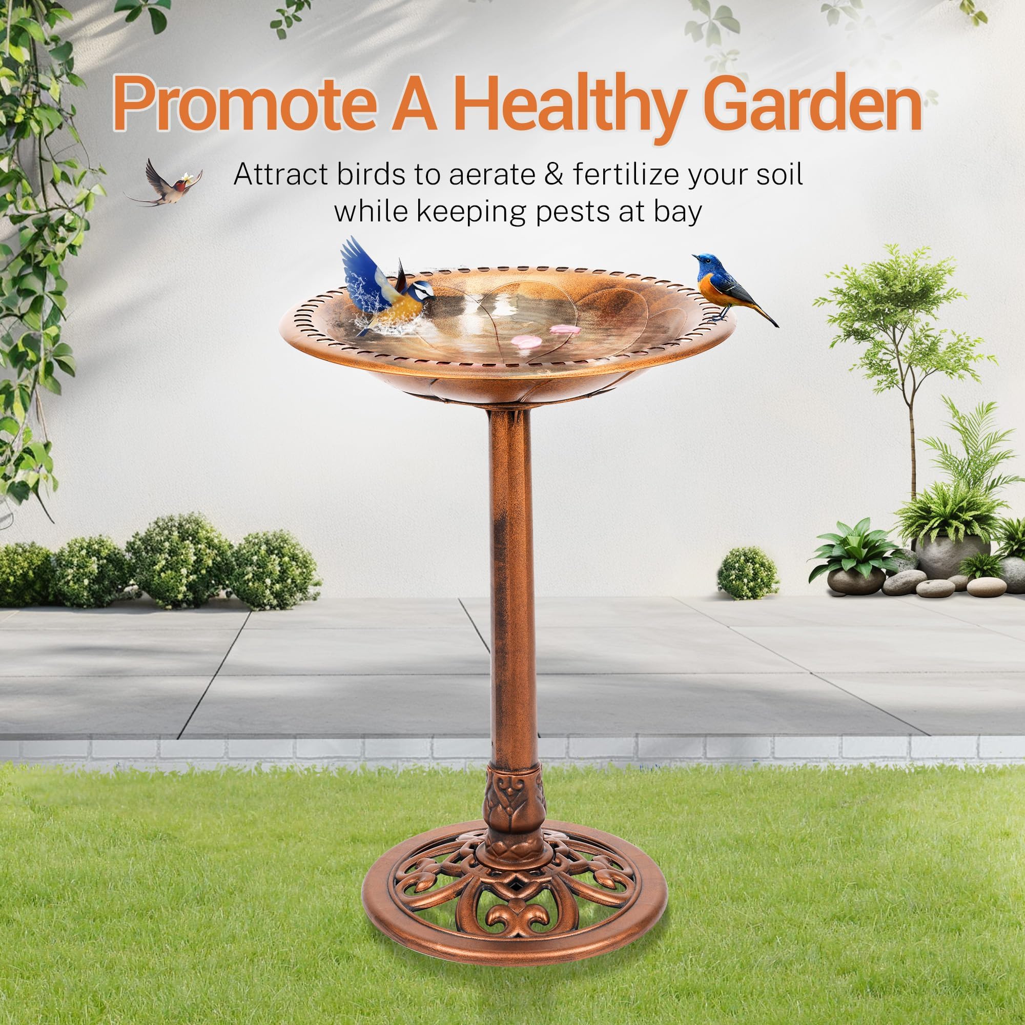 28 Inch Solar Powered Bird Bath with Fountain - Antique Polyresin Standing Birdbath for Outdoor Garden Decor, Copper Finish - Perfect for Attracting Birds to Your Backyard, Patio or Garden
