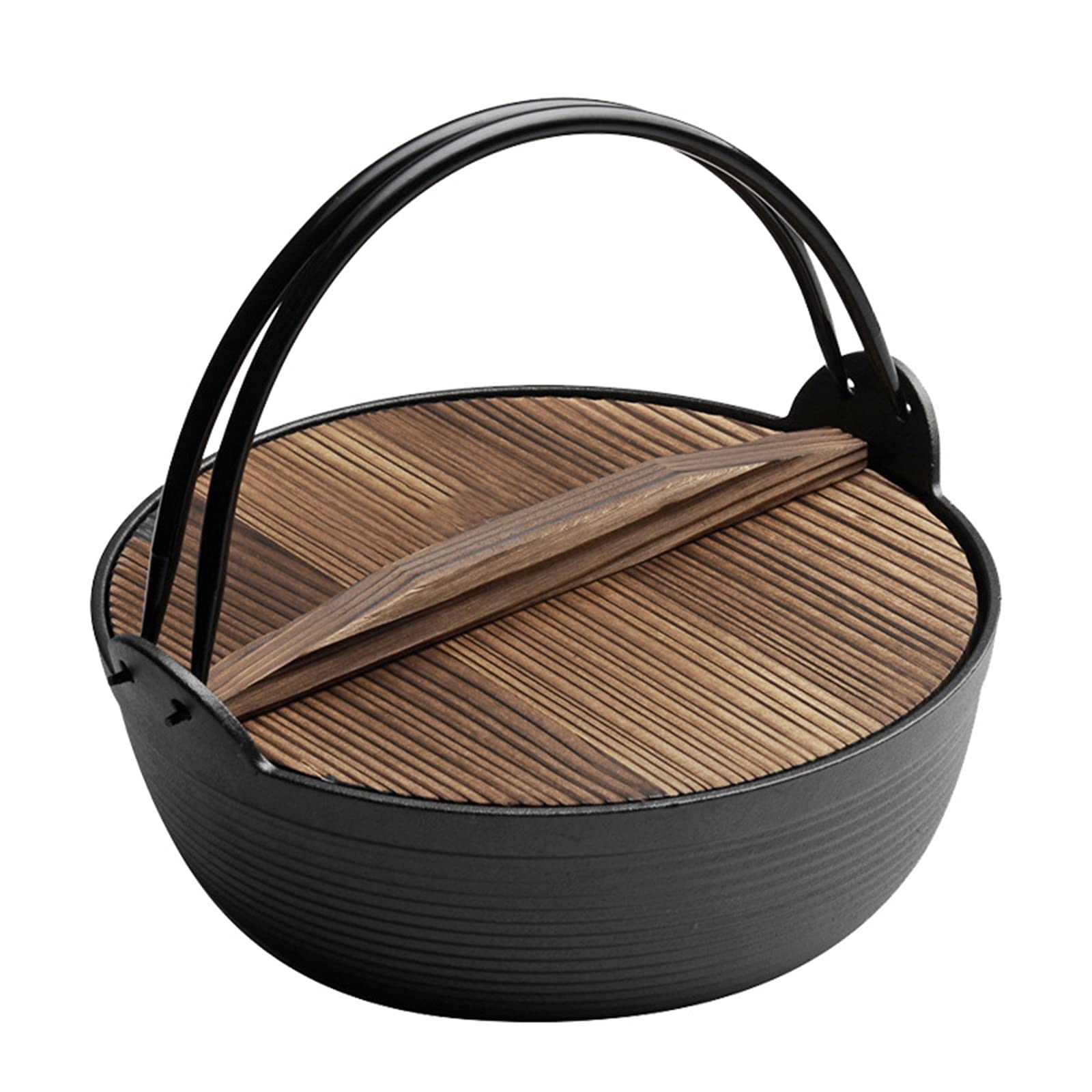 AIZYR Japanese Style Cast Iron Shabu Shabu & Sukiyaki Hot Pot with Wooden Lid - 27cm Nabe Pot for Noodles, Meat & Vegetables - Perfect for Home Cooking & Restaurant Use - Ideal for Family Dinners, Party Gatherings & Asian Cuisine Lovers