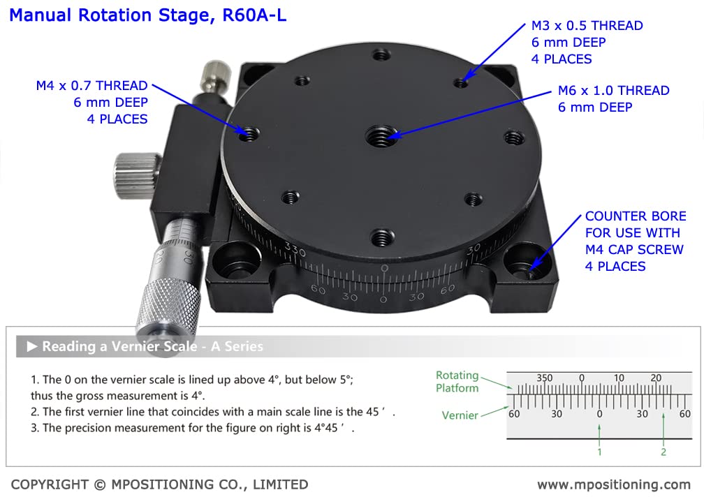 Precision Manual Rotary Table R60A-L - 60mm Diameter Rotation Stage with Left Micrometer, 3kg Max Load | Ideal for CNC Machining, Laser Engraving & Micropositioning Work