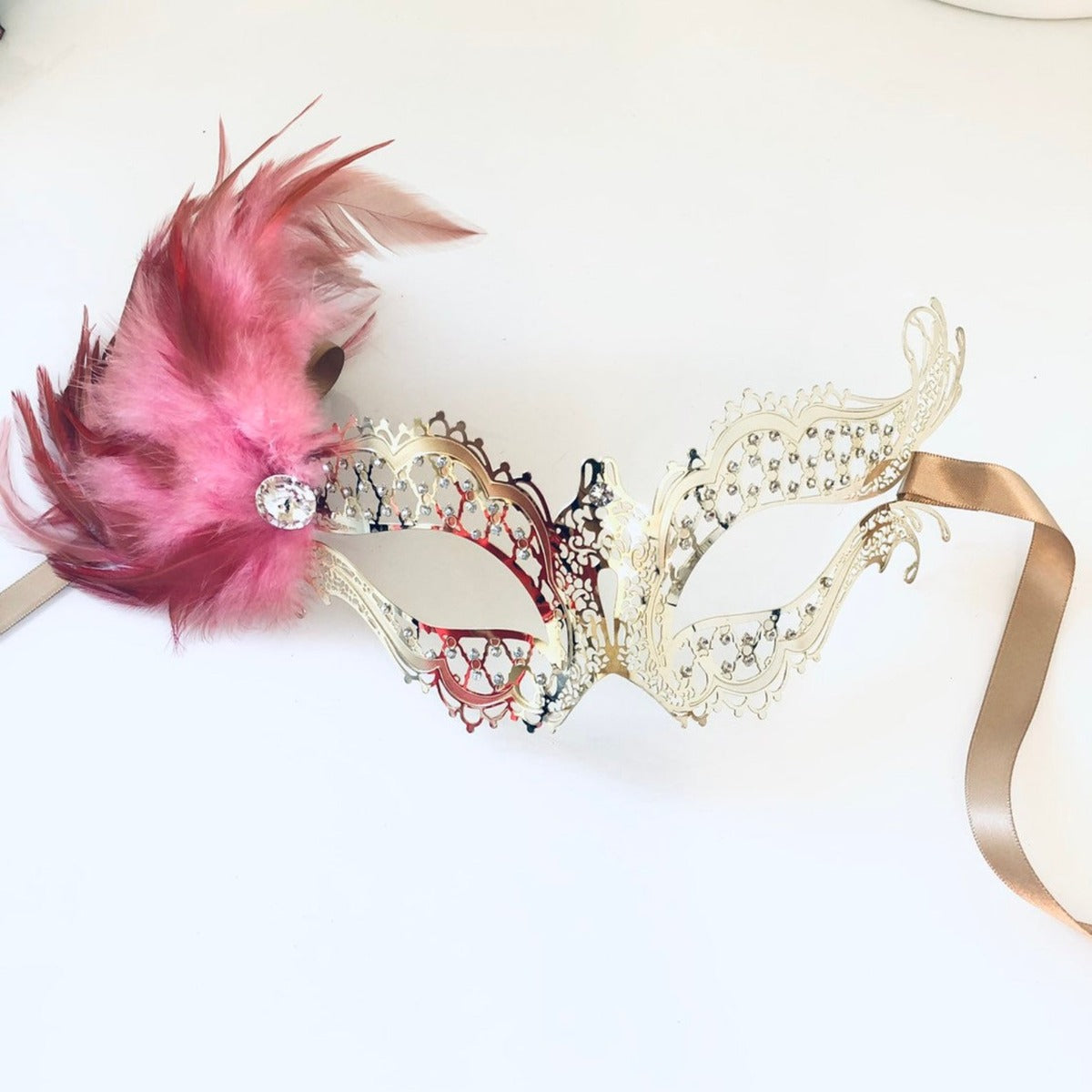 Elegant Gold Face Mask with Pink Feathers - Glamorous Party Mask for Women, Halloween Costume Accessory, Mardi Gras, Masquerade Ball, and Special Events
