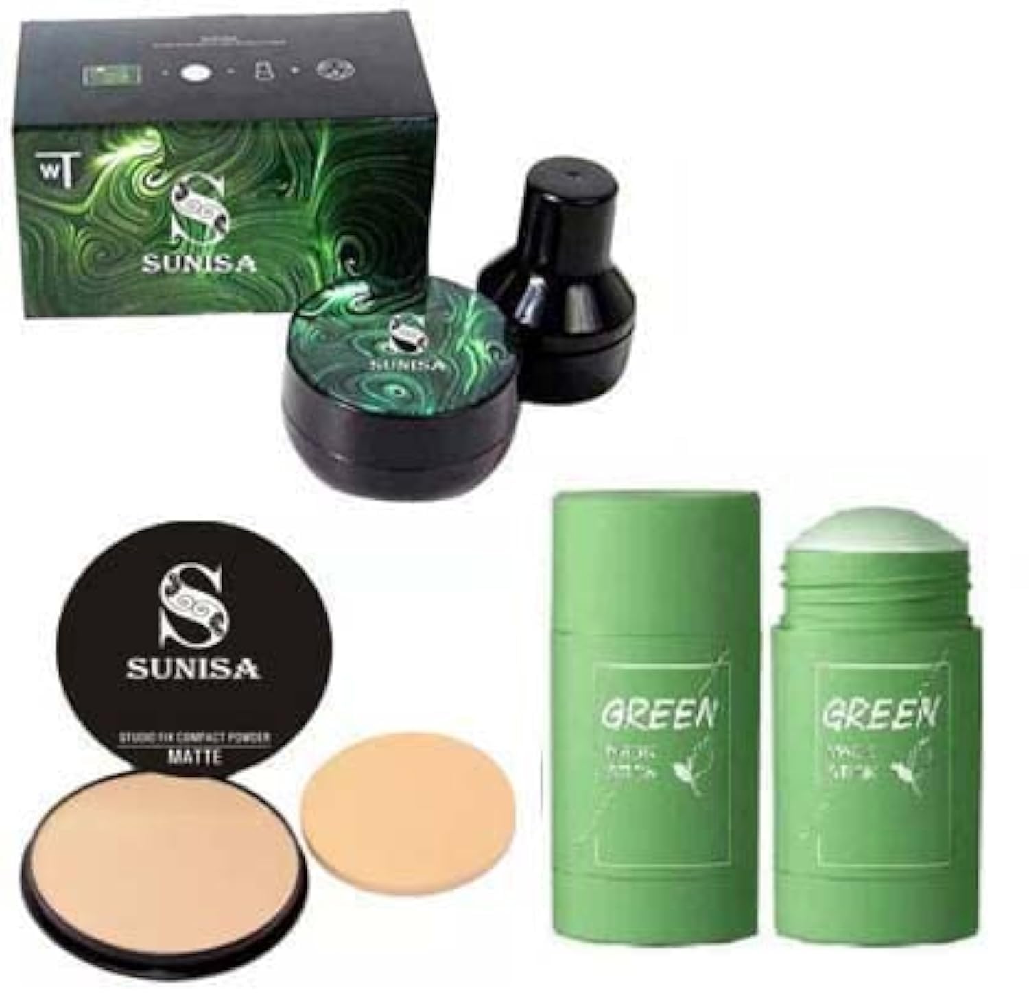 **SUNISA BB & CC Cream Full Coverage Natural Foundation for All Skin Types - Mushroom Head Air Cushion 20g, Studio Fix Compact Powder & Green Tea Stick Mask (Pack of 4) - Perfect for Daily Makeup & On-the-Go Touch-Ups**