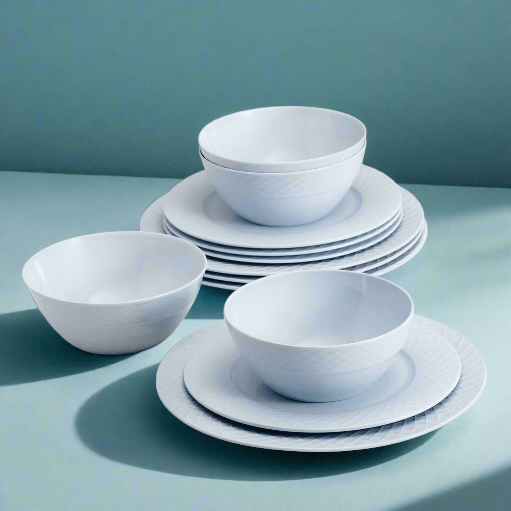 Trellis Misty Blue 12-Piece Dinnerware Set - Service for 4 - Elegant Porcelain Plates, Bowls & Mugs - Perfect for Family Dinners, Dinner Parties & Holiday Entertaining