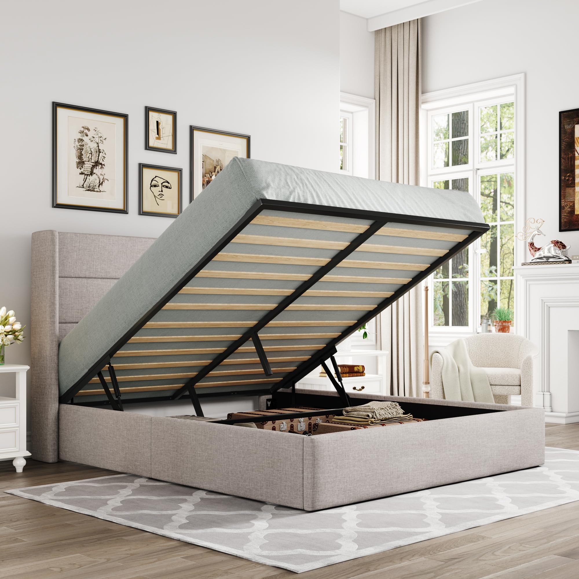 Allewie Full Size Lift Up Storage Bed with Modern Wingback Headboard - Hydraulic Support, No Box Spring Needed, Light Beige - Perfect for Small Bedrooms, Guest Rooms & Space-Saving Solutions