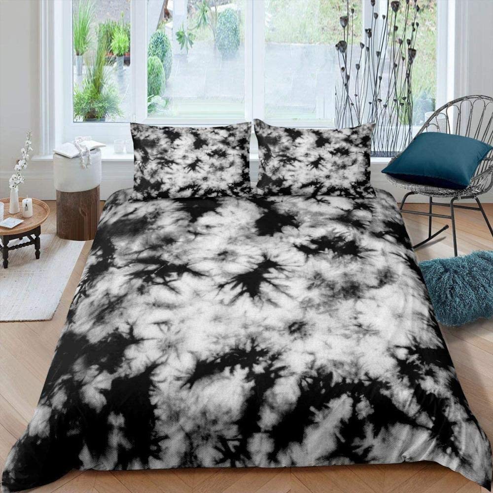 Vintage Tie Dye Duvet Cover Set - Black White Marble Pattern for King Queen Twin Full Beds | 3-Piece Bedding (Duvet Cover + 2 Pillowcases) | Trippy Boho Style for Kids, Teens & Adults | Perfect for Teen Bedrooms, Dorm Rooms & Bohemian Home Decor