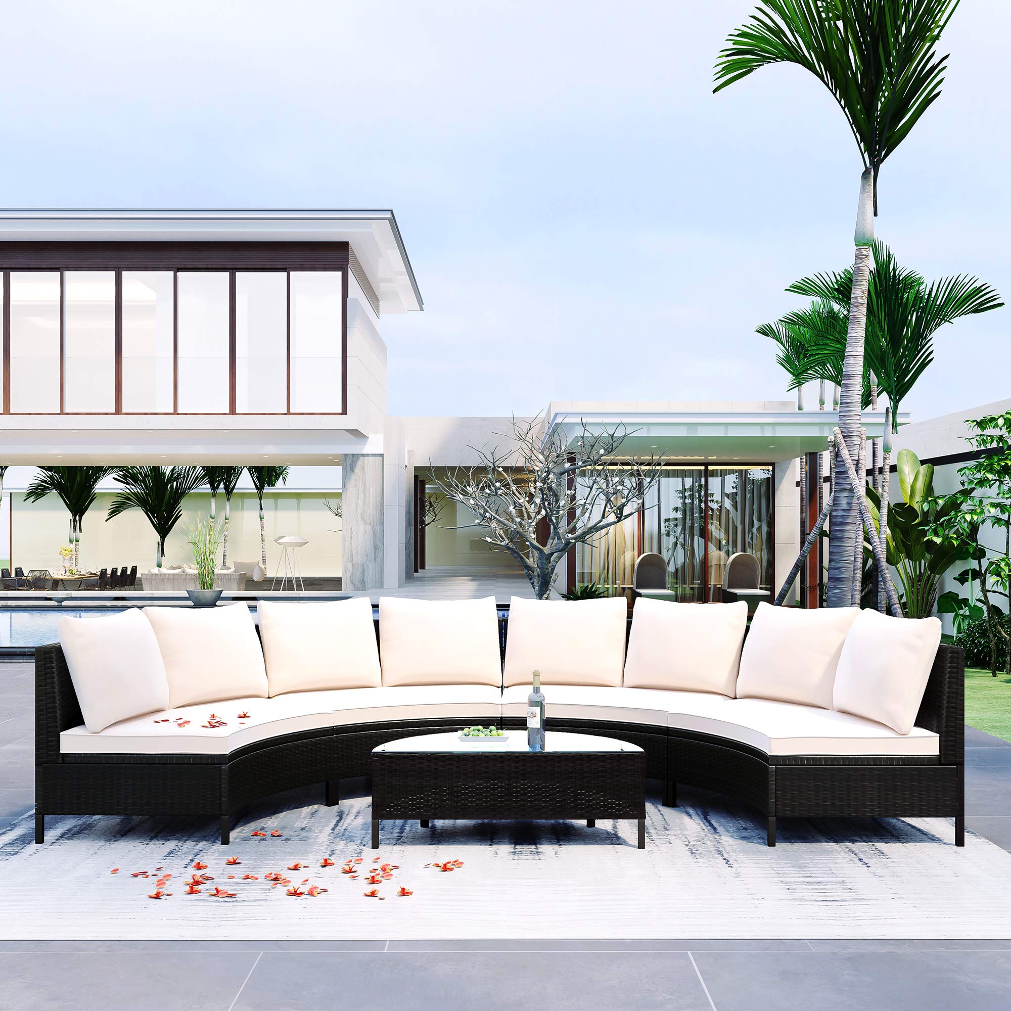 5-Piece Brown Wicker Patio Half-Moon Sectional Sofa Set with Glass Table & Beige Cushions - Outdoor Curved Conversation Furniture for Garden, Poolside & Backyard Relaxation