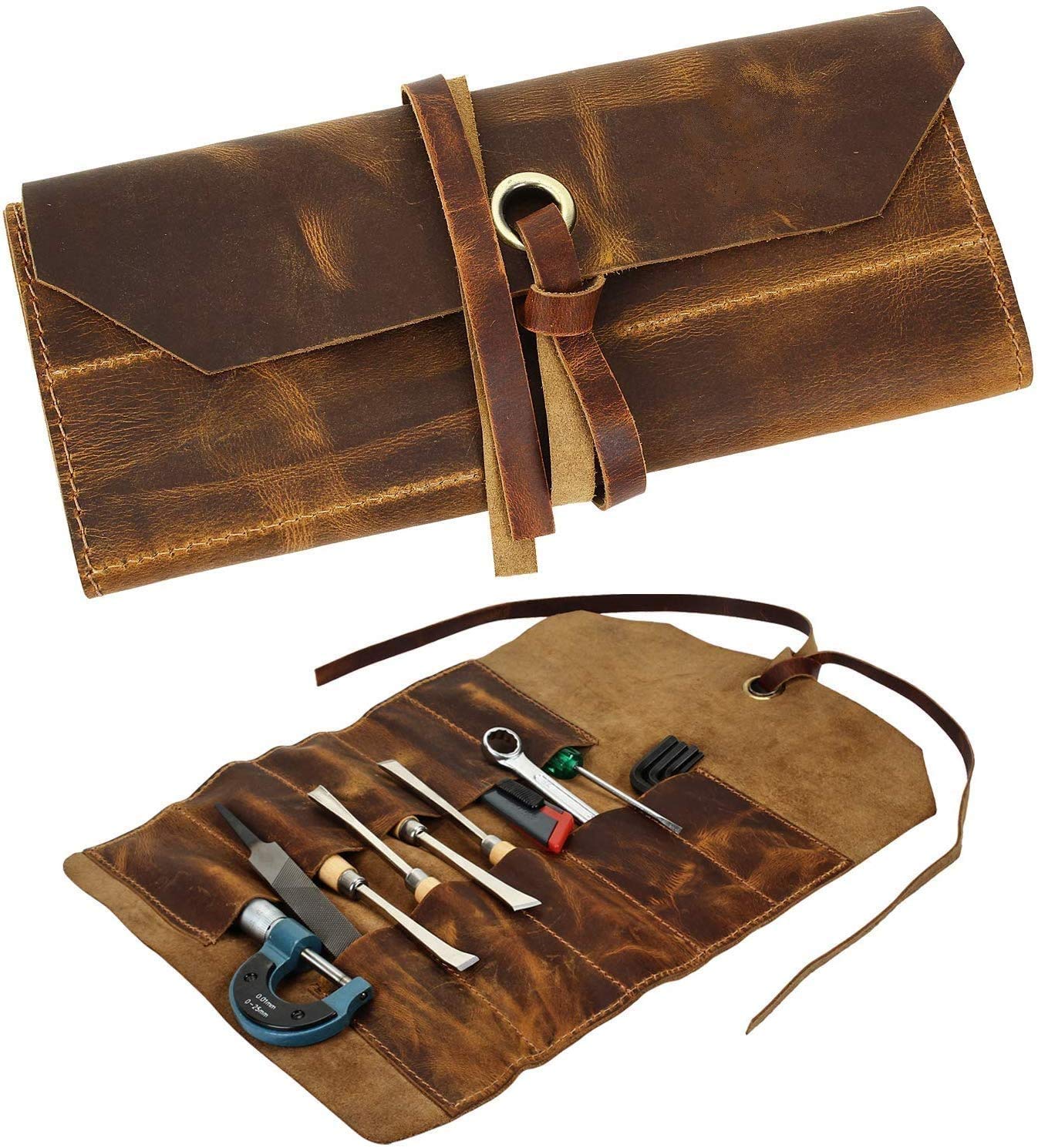 Premium Leather Tool Roll Organizer - Durable Brown Leather Pouch for Chisels, Pencils & Tools | Perfect for Woodworking, DIY Projects & Crafting
