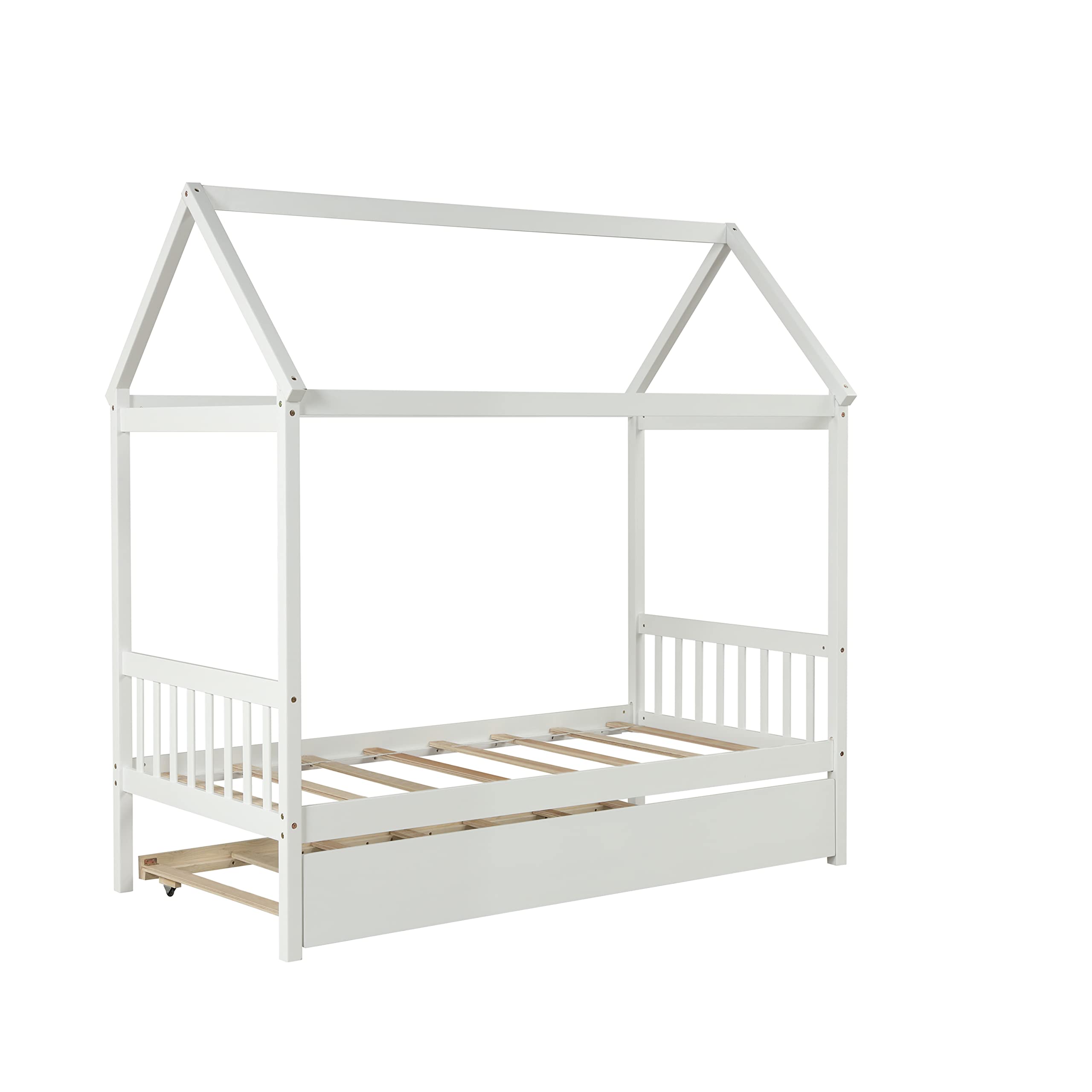 Merax Twin Size Wooden House Bed with Trundle - White Kids Bed Frame with Roof, Headboard & Footboard for Girls and Boys | Perfect for Bedroom Decor & Playtime