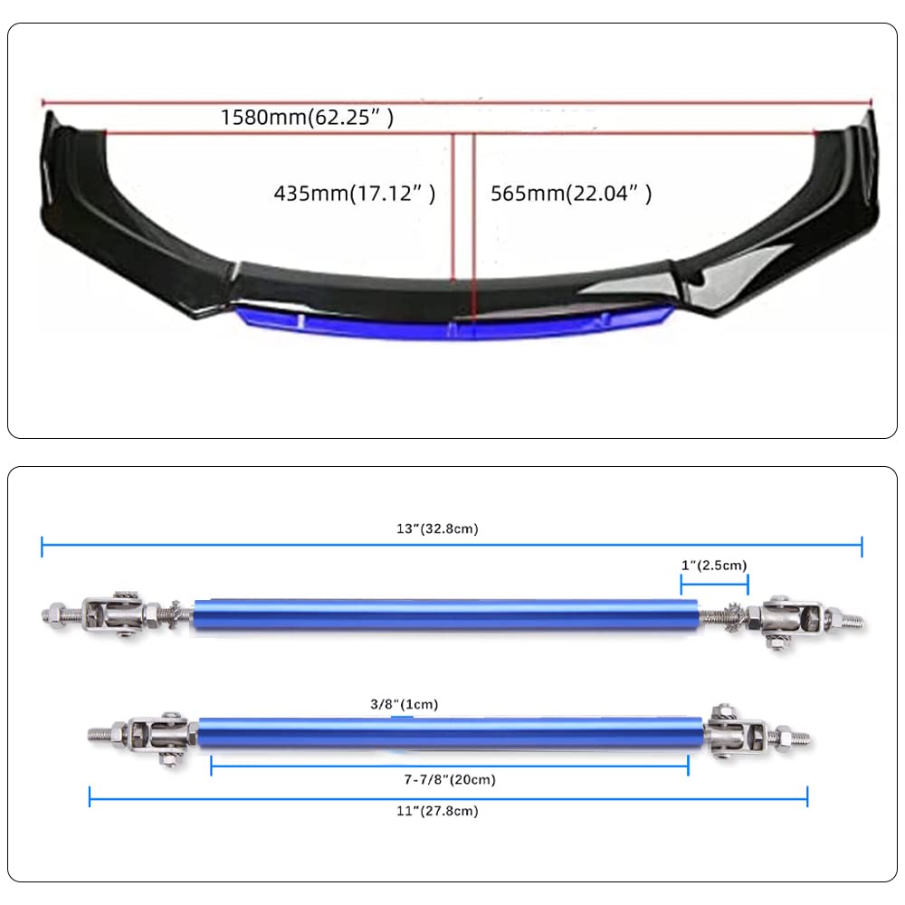 Universal Front Bumper Lip Body Kit - Glossy Black & Blue ABS Front Spoiler Splitter with 11”-13
