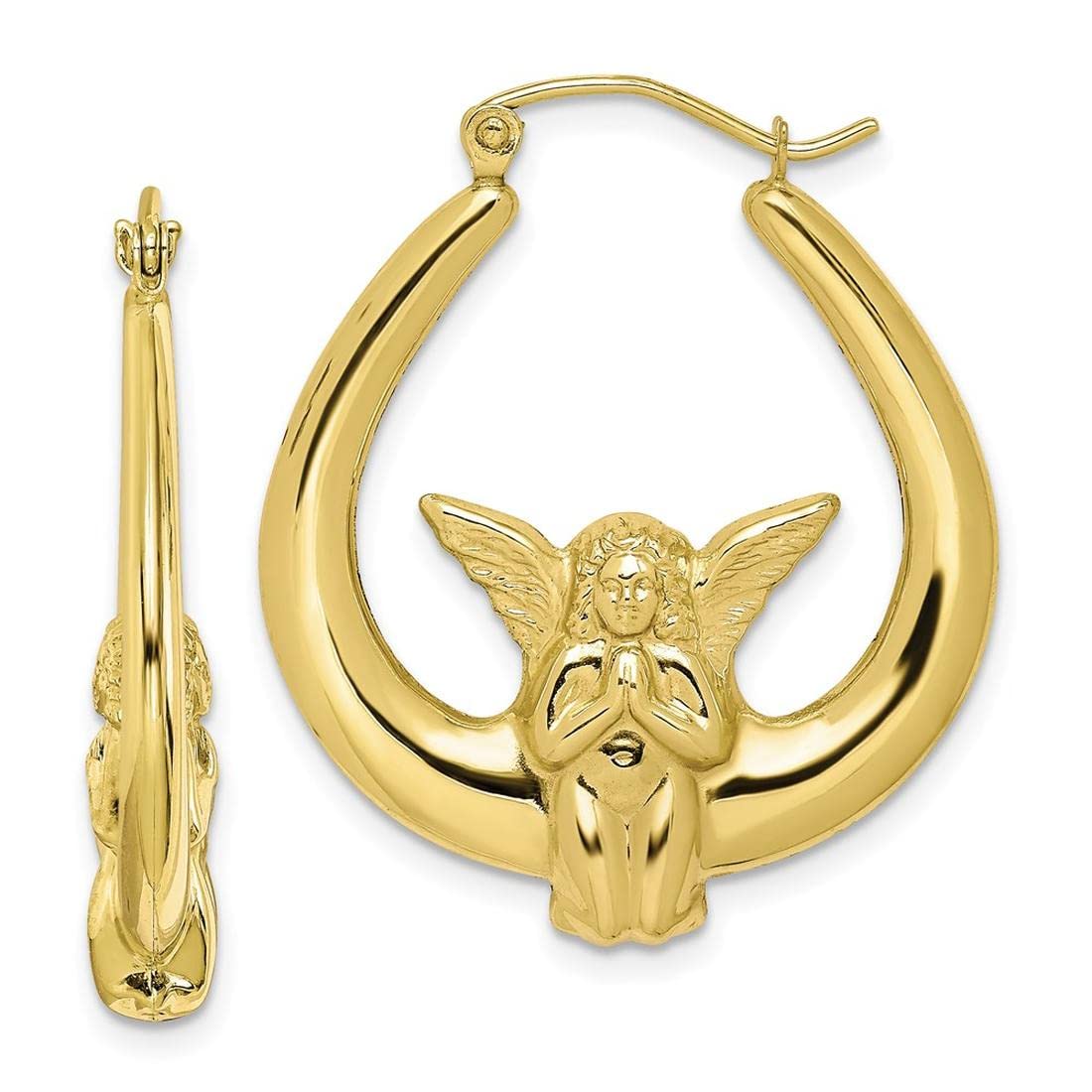 10K Yellow Gold Angel Hoop Earrings for Women - Dainty Religious Jewelry Gift for Christmas, Baptism & Everyday Wear