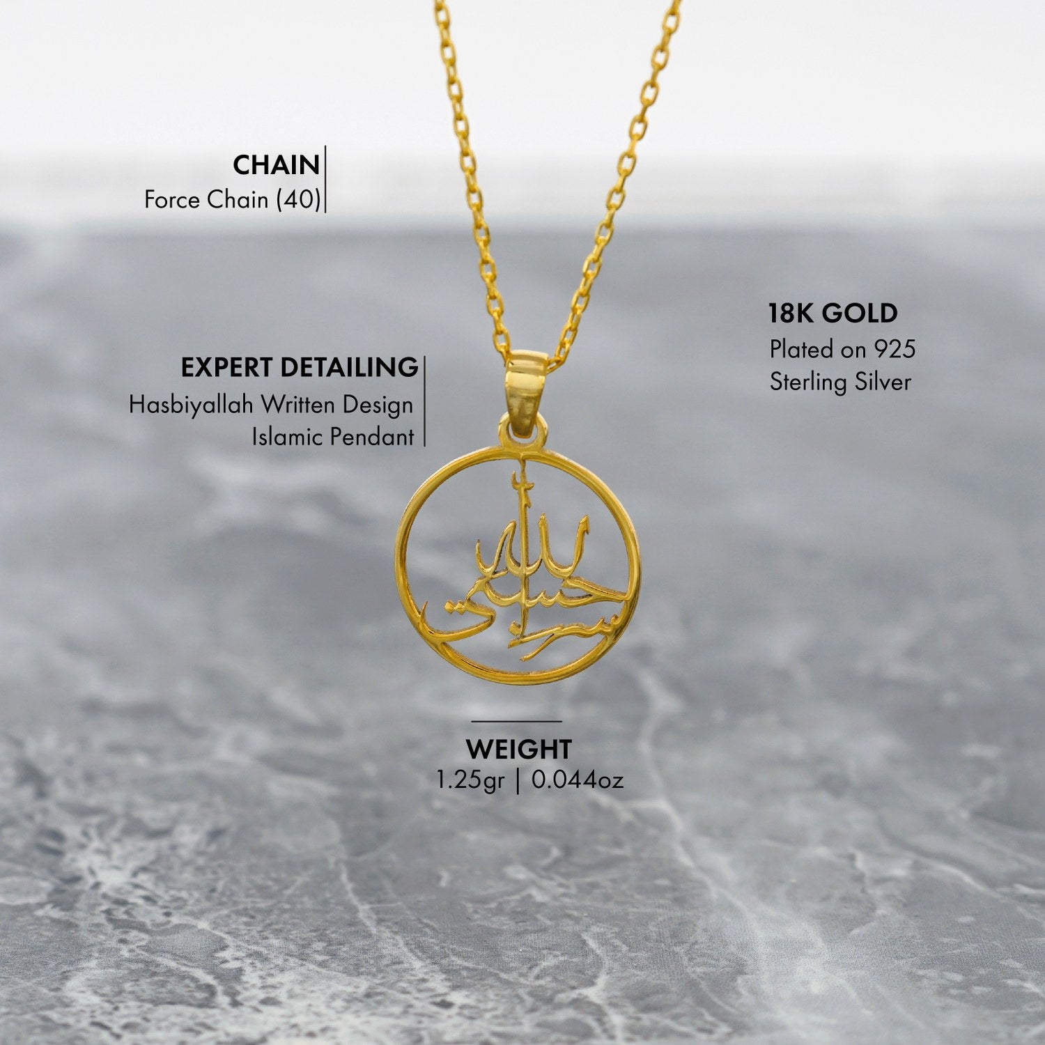 Hasbiyallah Islamic Necklace - 18K Gold Plated Silver Pendant with Arabic Calligraphy - Perfect for Muslim Women's Daily Wear, Eid Gifts & Special Occasions