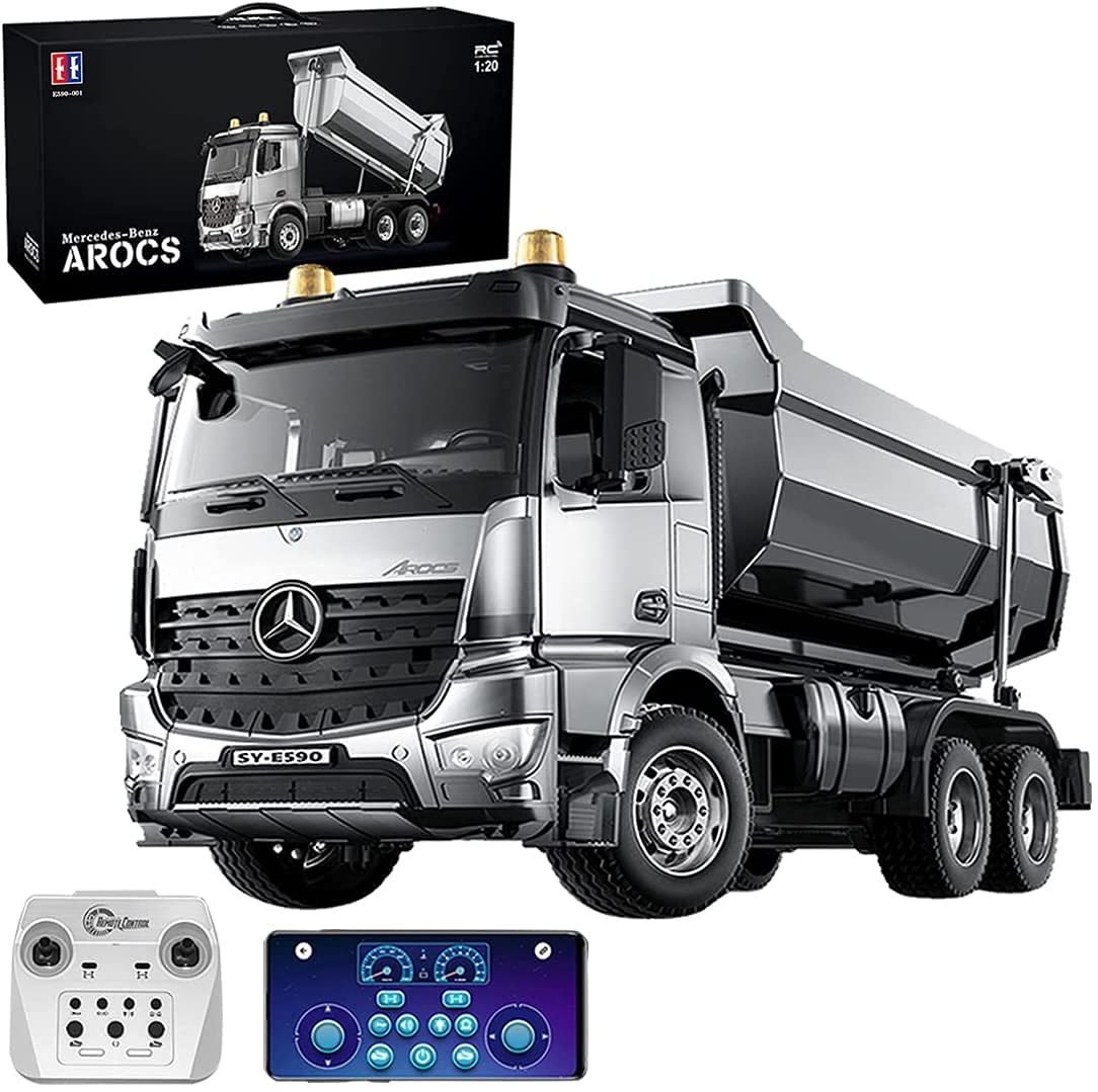 1:20 Scale 2.4G RC Dump Truck with Sound & Light - Mercedes Arocs E590 Replica, Alloy Metal Construction Toy with Dual Mode APP/Remote Control - Ready-to-Run Engineering Vehicle for Kids & Adults - Perfect for Construction Play, Birthday Gifts & Collector's Display