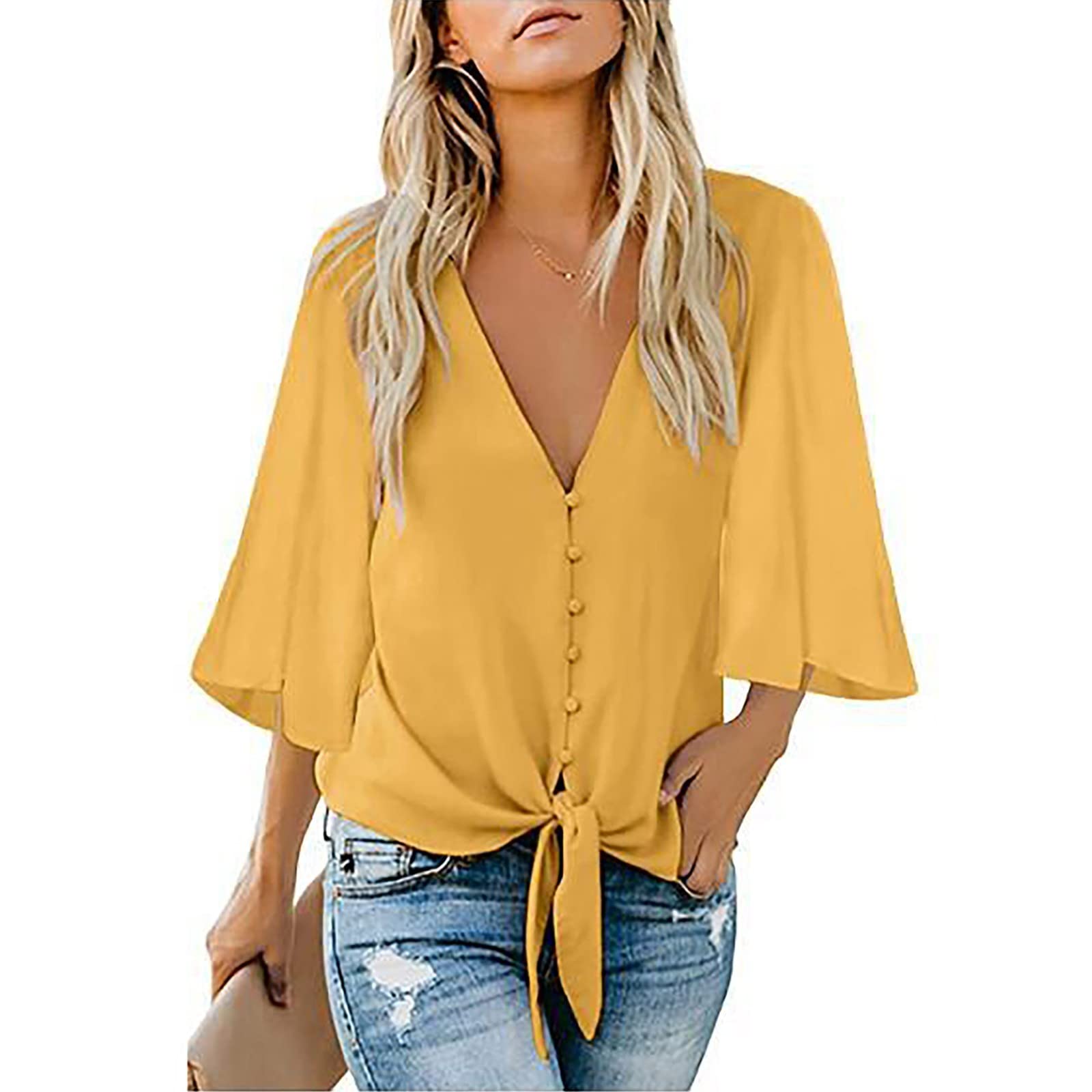 Women's Summer Button Down Shirts - Tie Knot Front Boho Tops with 3/4 Batwing Sleeves & Floral Print | Oversized Casual T-Shirts for Beach, Vacation & Everyday Wear