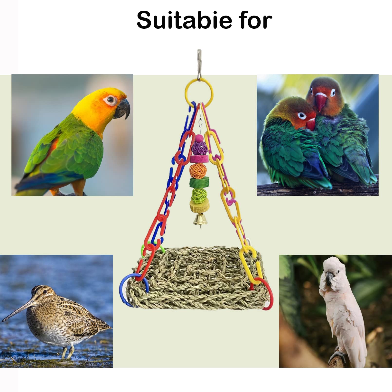 Natural Seagrass Woven Parrot Hammock Swing - Chewable Foraging Toy for Lovebirds, Parakeets & Small Birds - Colorful Wall Hanging Climbing Pad & Rocking Play Mat - Perfect for Cage Enrichment & Playtime