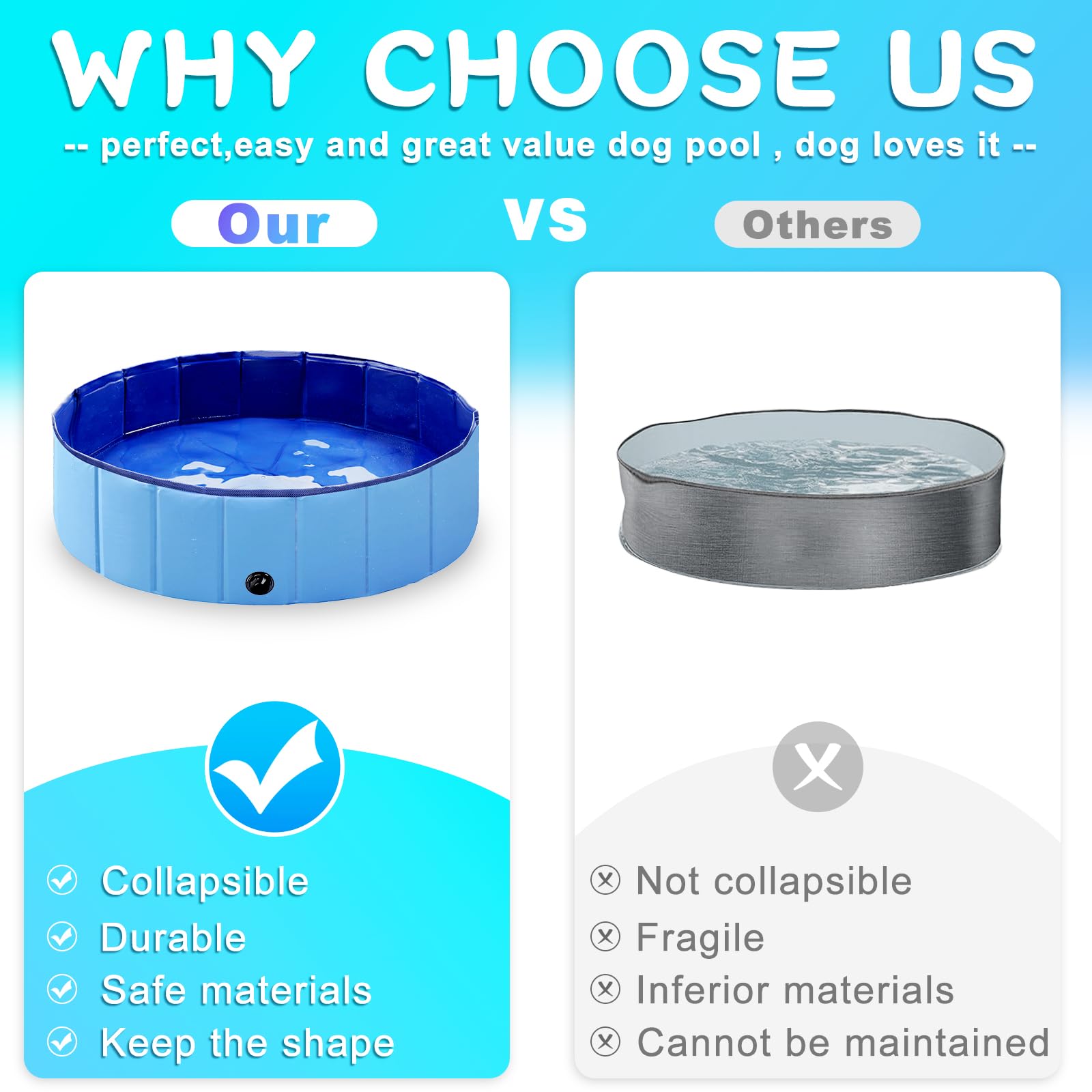 Foldable Dog Pool for Large & Small Dogs - 48x12 Inch Light Blue Collapsible Pet Wading Pool, Hard Plastic Kiddie Swimming Pool for Kids, Portable Dog Bathing Tub - Perfect for Backyard, Beach & Outdoor Play