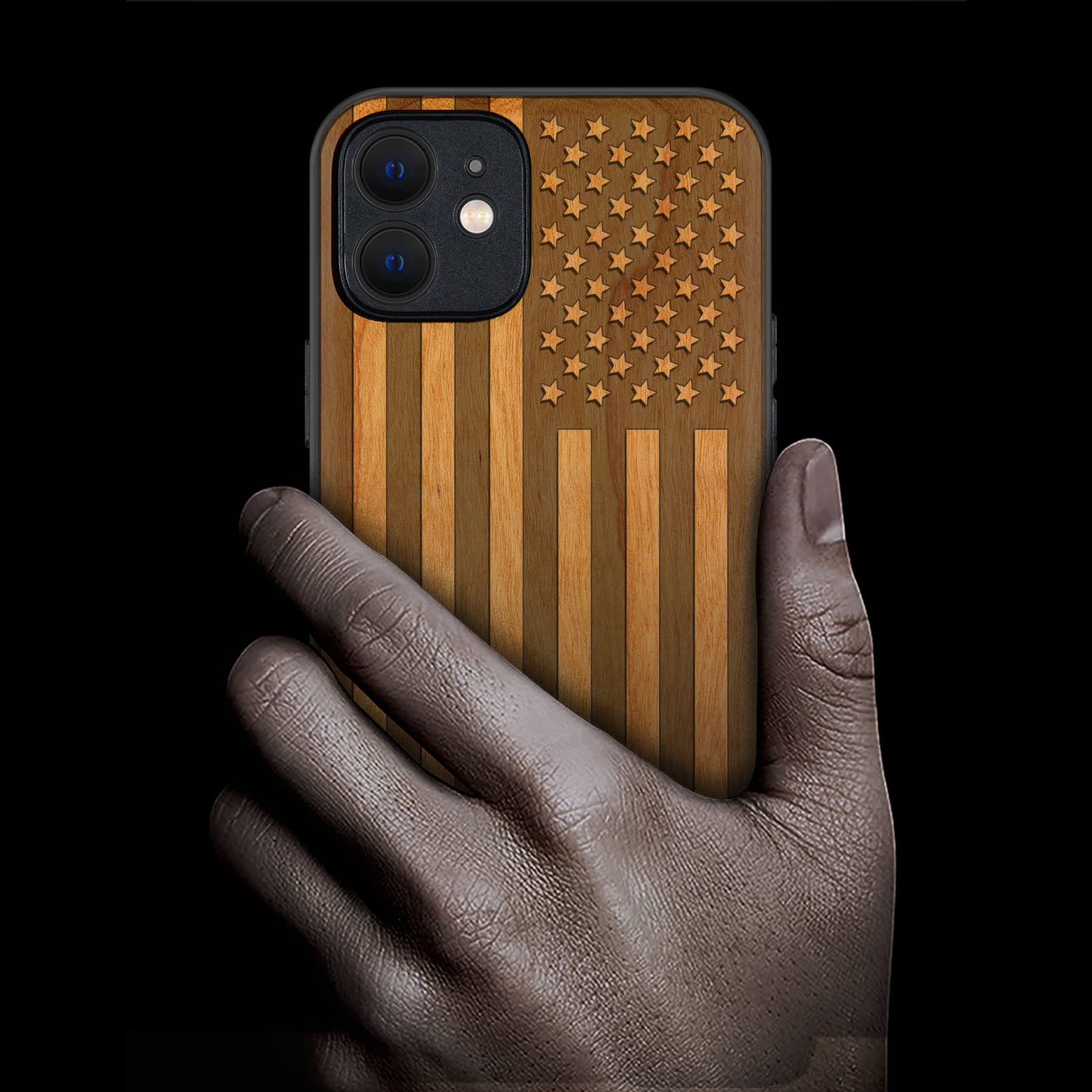 Carveit Magnetic Wood Case for iPhone 12 - Natural Wood & Black TPU Shockproof Protective Cover with Magsafe Compatibility (American Flag Cherry Design) - Durable Wooden Phone Case for Everyday Use, Office & Outdoor Protection