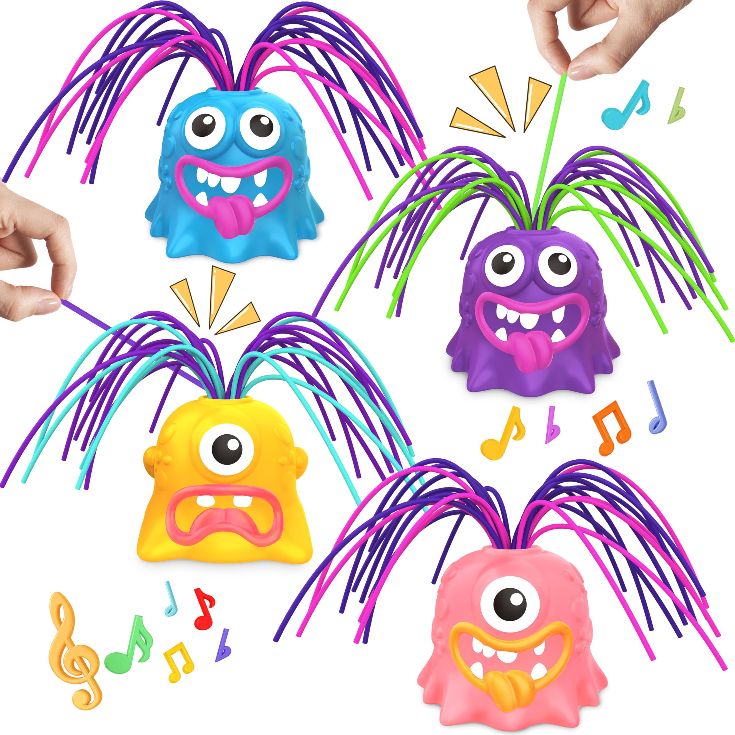 4PCS Fun Hair Pulling Fidget Screaming Monster Toys - Stress Relief & Anti-Anxiety Sensory Toys for Kids & Teens - Easter Basket Stuffers, Birthday Gifts for Boys & Girls Ages 3-7+ (Great for Classroom, Travel & Sensory Play)