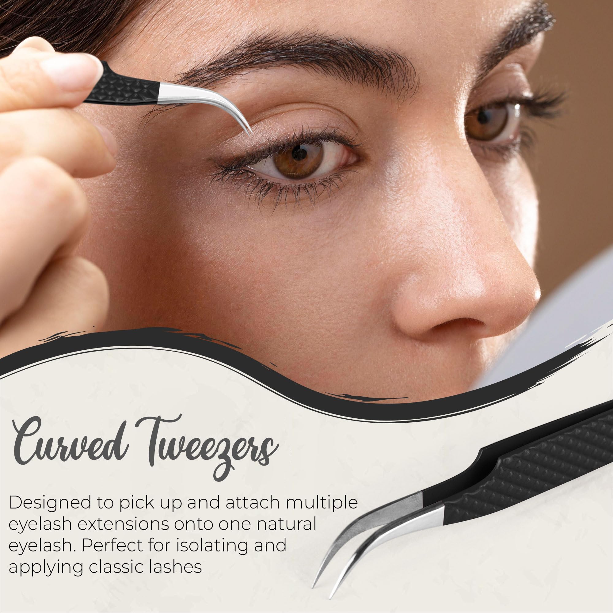 Premium 5Pcs Stainless Steel Eyelash Extension Tweezers Set - Volume & Isolation Curved Tweezers for Professional Lash Artists | Perfect for Salon, Spa & Home Use | Black (3 Pcs)