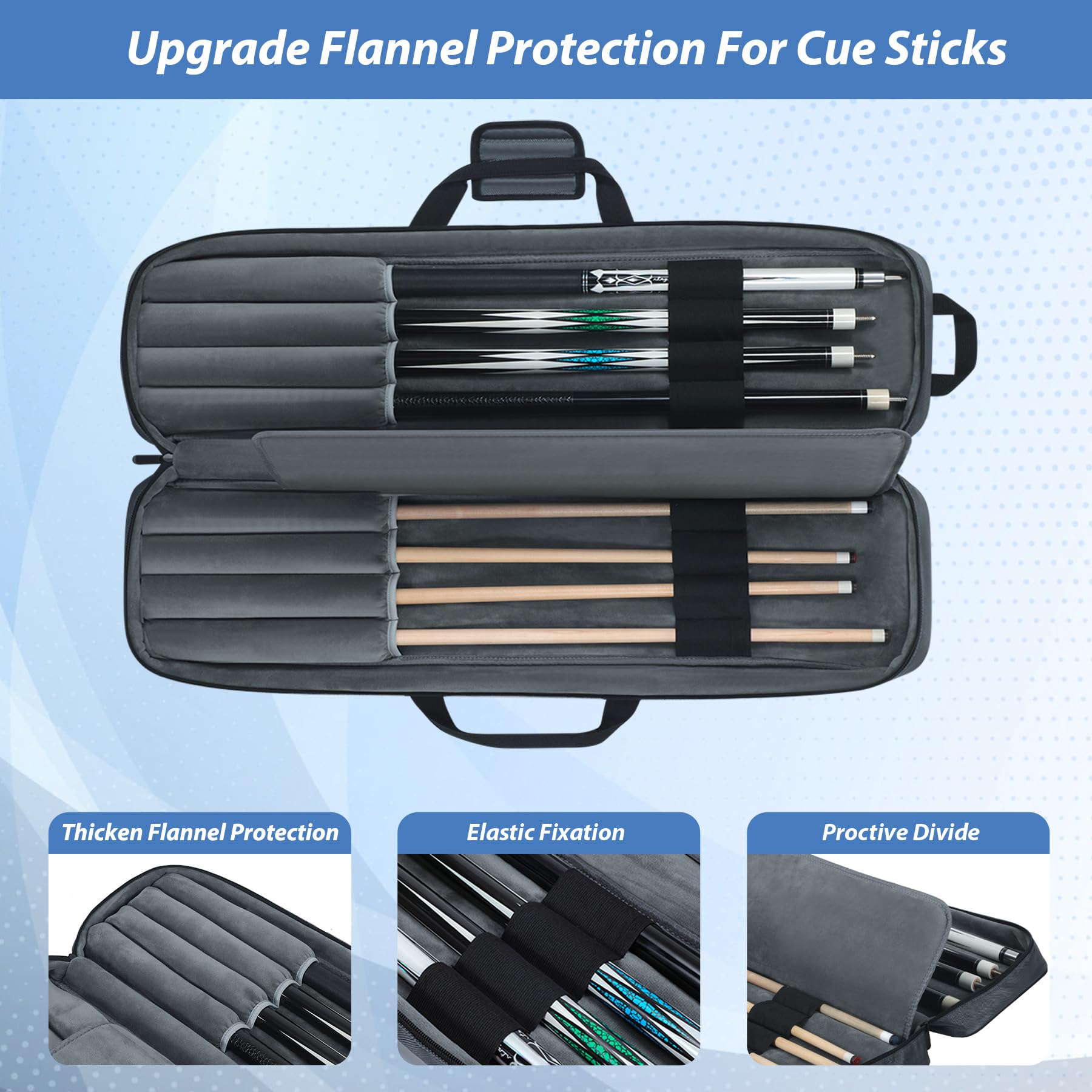 **Premium 4x4 Pool Cue Case - Thick Soft Flannel Billiard Stick Bag with Multiple Pockets for 4 Butts & 4 Shafts, Adjustable Shoulder Strap & Handle - Ideal for Pool Halls, Tournaments & Travel**