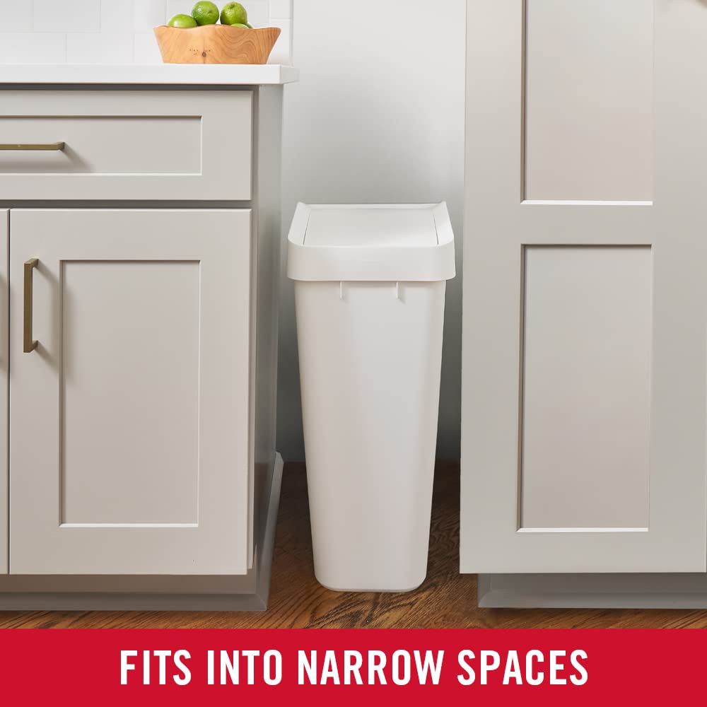 Rubbermaid 12.2 Gallon Swing Top Trash Can with Lid - Slim Modern Kitchen & Home Waste Bin for Easy Access Disposal - Perfect for Under Sink, Bathroom, Office or Garage - White