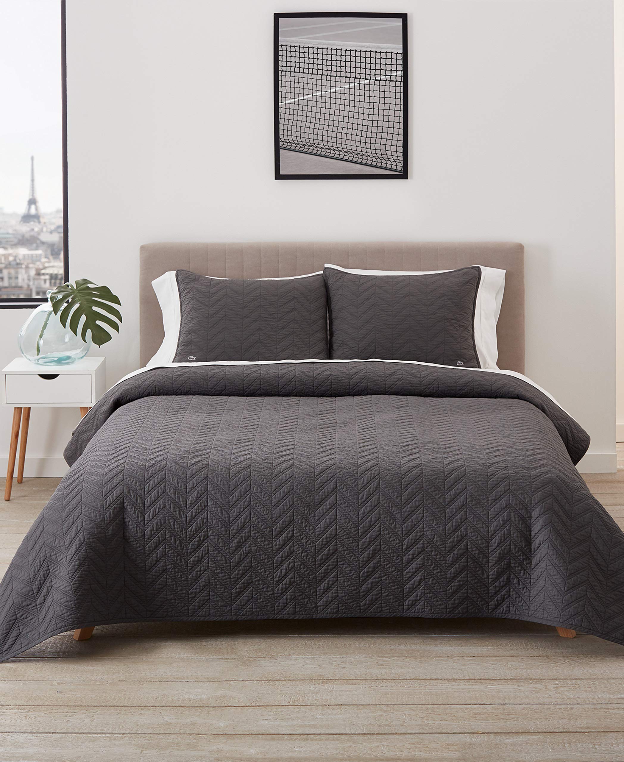 Lacoste Herringbone Stitch 2-Piece Quilt Set - Twin Size, Castle Rock Grey - Soft Bedding for Cozy Bedroom Decor & Guest Room Essentials
