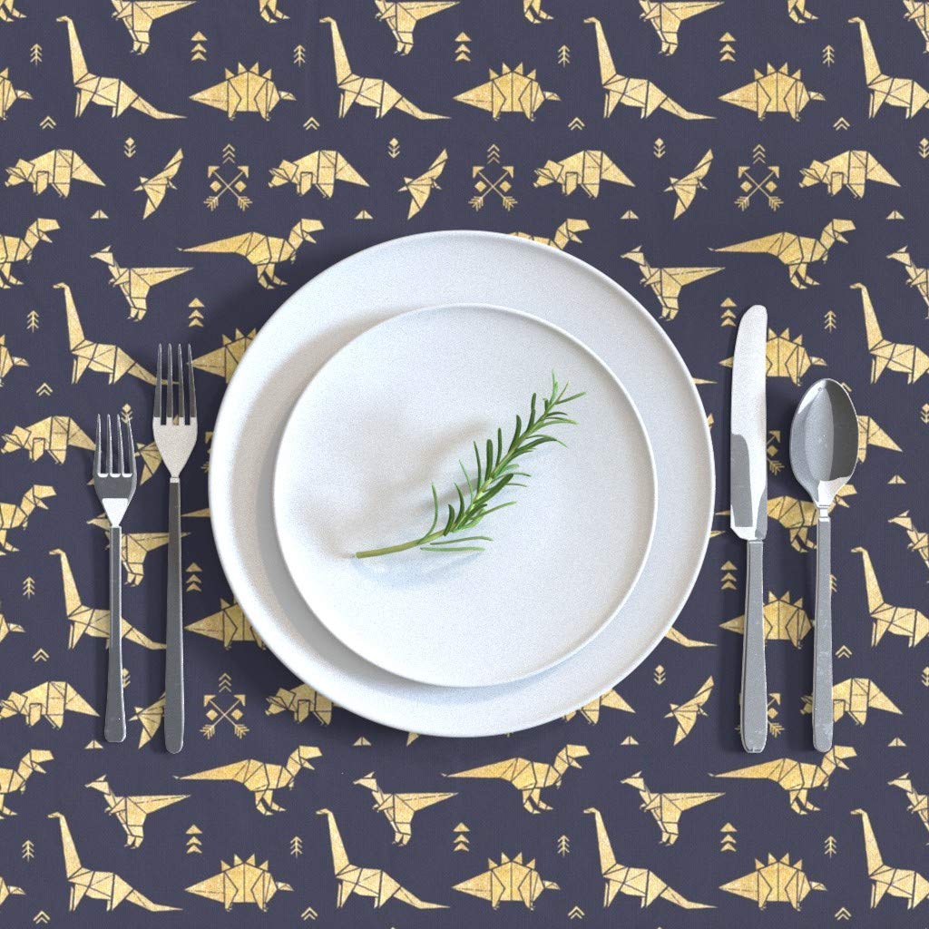 Premium Spoonflower Cotton Sateen Tablecloth 70x120 Inches - Gold Origami Dinosaur Geometric Print | Boho Nursery Decor, Gender Neutral Kids Room & Dining Table Linens | Perfect for Birthday Parties, Baby Showers & Boho Chic Home Decor