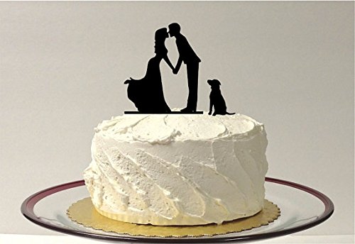 Romantic Silhouette Wedding Cake Topper with Bride, Groom & Pet Dog - Custom Family of 3 Cake Decor for Wedding, Anniversary & Special Celebrations