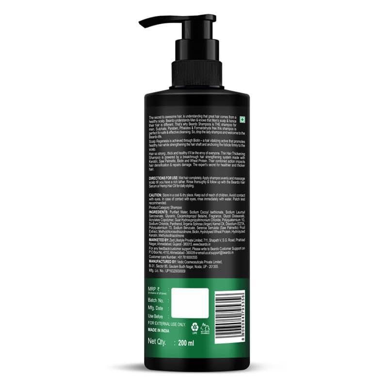 Beardo Men's Keratin & Biotin Shampoo for Thin Hair - 200ml Sulfate & Paraben Free with Saw Palmetto - Hair Thickening Shampoo for Stronger, Fuller Hair - Ideal for Daily Use & Hair Growth Treatment