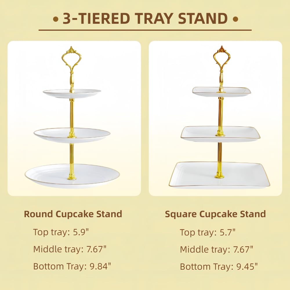 2-Pack RAUVOLFIA 3-Tier Round & Square Cupcake Stand - Versatile Dessert Tower for Pastries, Cakes & Treats - Perfect for Birthday Parties, Tea Time, Wedding Displays & Dessert Table Decorations