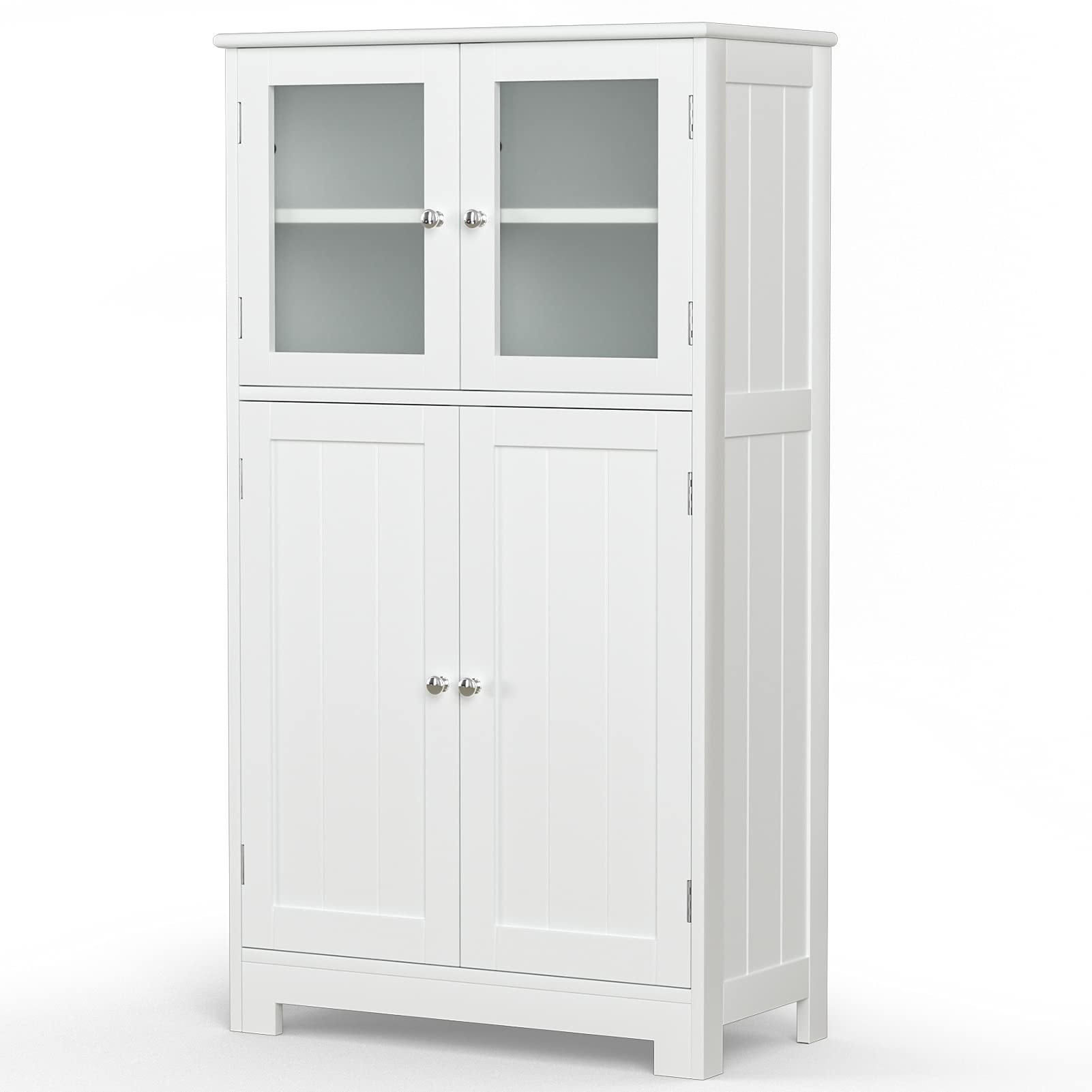 AUXSOUL Freestanding Bathroom Storage Cabinet with Glass Doors & Adjustable Shelves - White Bathroom Linen Cabinet for Bathroom, Living Room, Hallway Organization | Perfect for Towel Storage, Toiletries & Home Decor