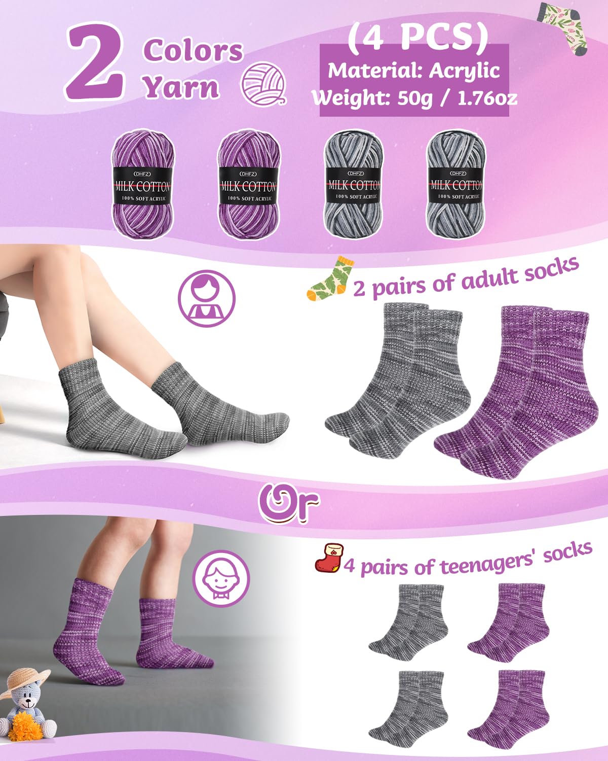 Coopay Complete Knitting Kit for Beginners - Easy Sock Knitting Starter Set with Needles, Yarn & Step-by-Step Instructions - Learn to Knit Various Sizes Socks for Adults & Teens (Gray & Purple) - Perfect for DIY Crafts, Relaxation & Handmade Gifts