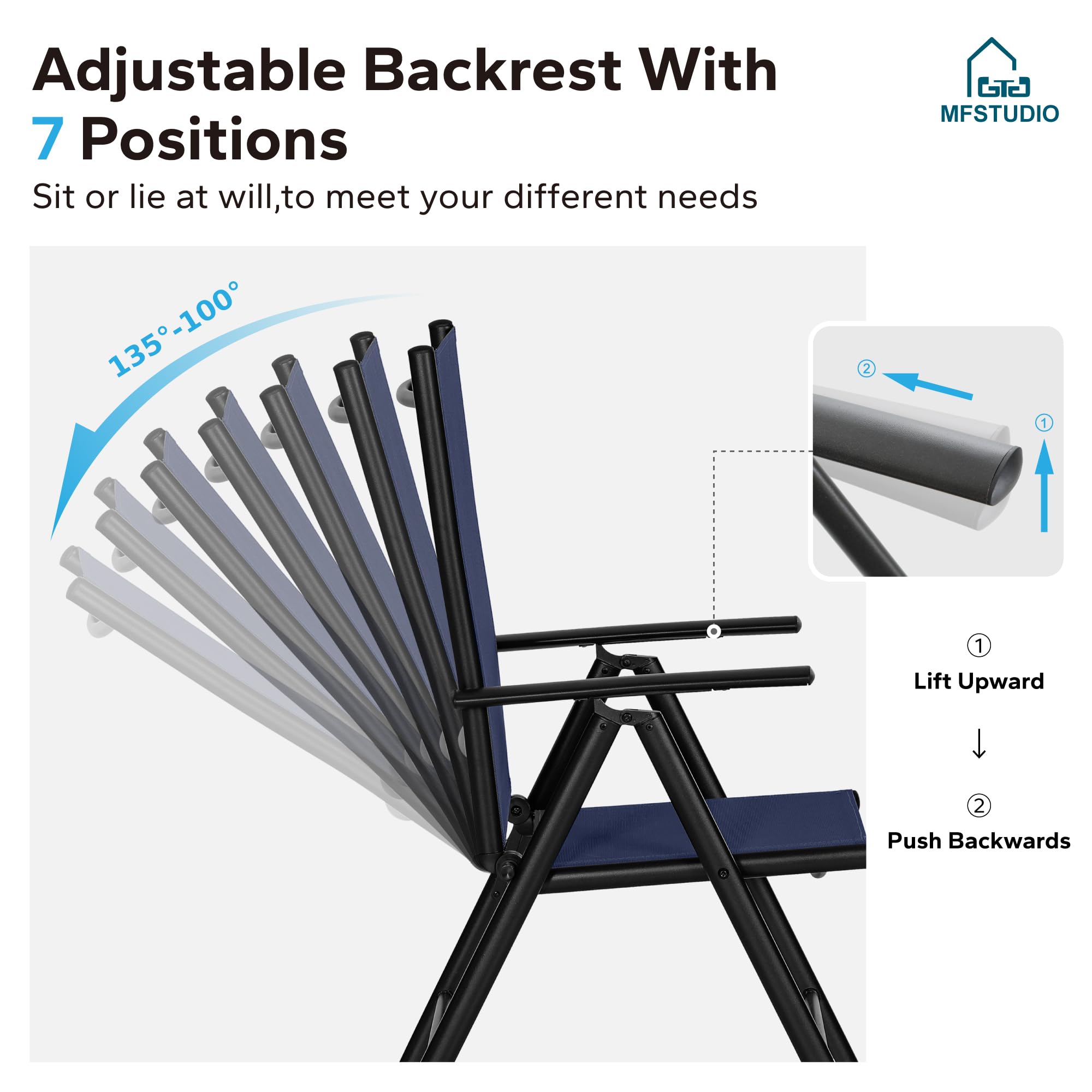MFSTUDIO 6-Pack Folding Patio Chairs Set - Adjustable Outdoor Dining Chairs with Sling Back, Portable Blue Garden Chairs for Backyard, Lawn, Poolside & Camping (7-Level Height Adjustment) - Perfect for BBQs, Picnics & Outdoor Relaxation