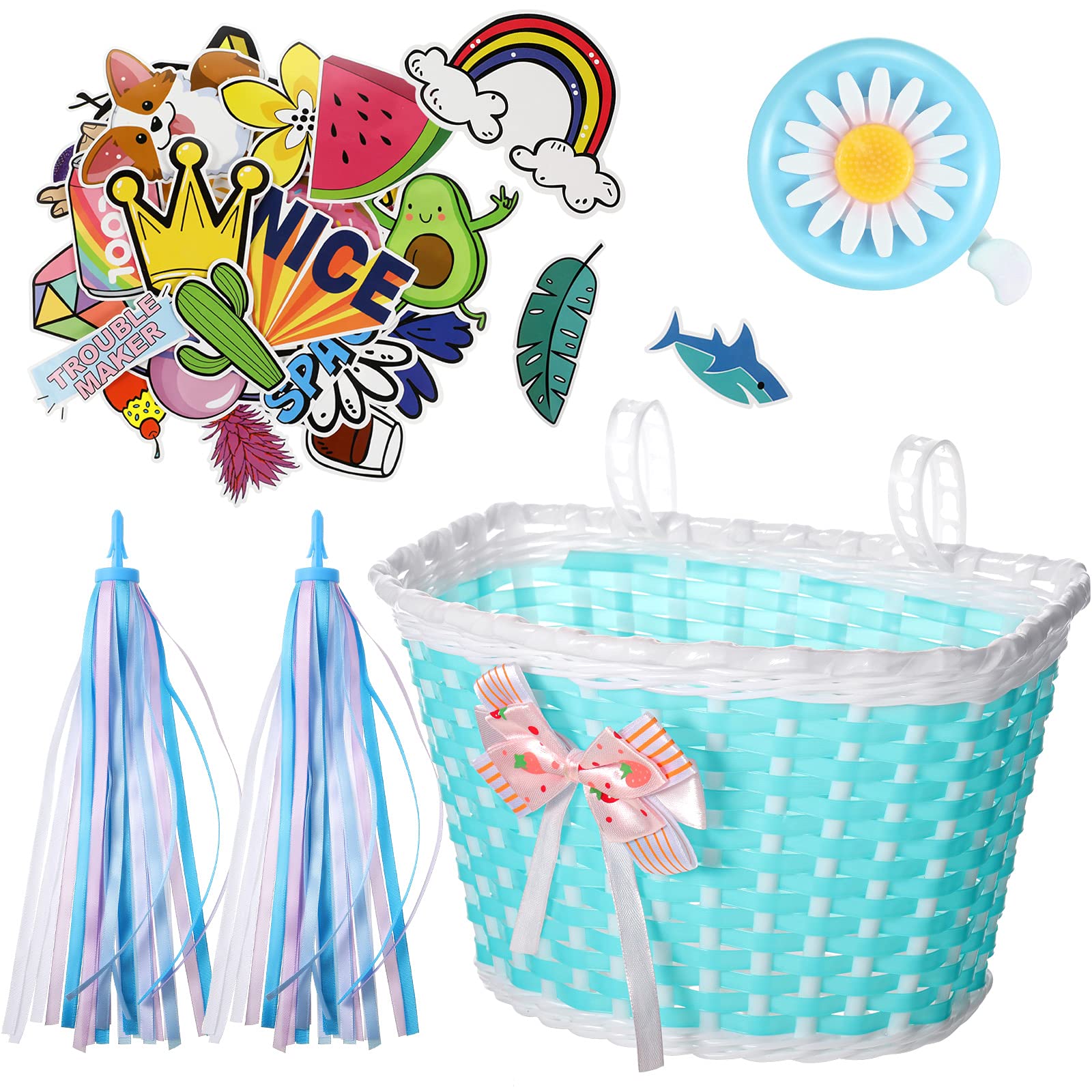 Jetec 34-Piece Kids Bicycle Accessories Set - Front Handlebar Basket, Daisy Bike Bell, 2 Colorful Streamers, 30 Cartoon Stickers - Fun Bike Decorations for Toddlers & Children (Perfect for Birthday Gifts & Outdoor Riding Adventures)