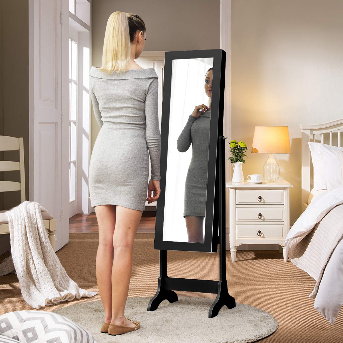 WATERJOY Jewelry Organizer with Full-Length Standing Mirror - 4 Adjustable Angle Lockable Jewelry Cabinet & Storage Armoire - Perfect for Bedroom, Closet & Dressing Room Organization
