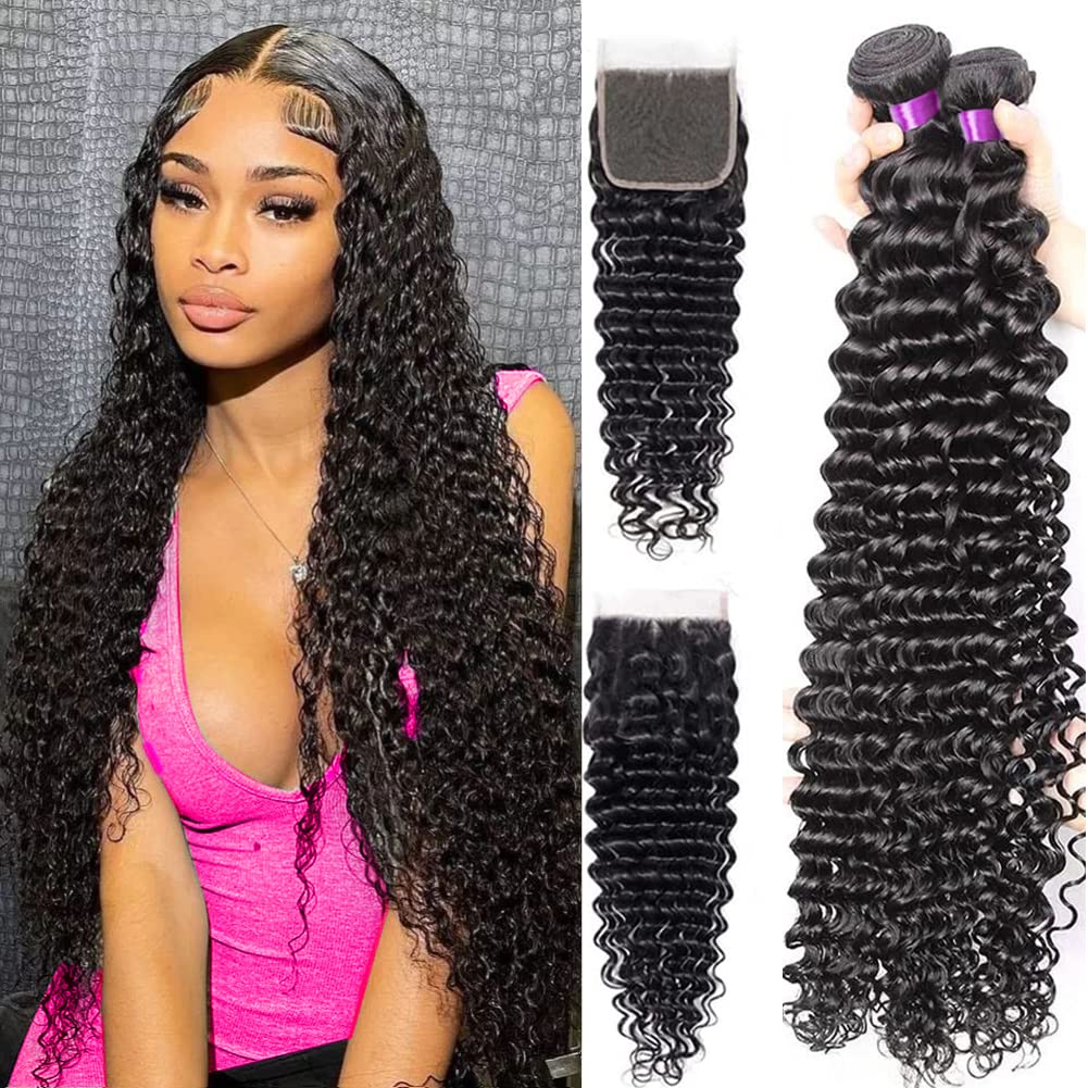 100% Brazilian Human Hair Bundles with Closure - Unprocessed Deep Wave Remy Hair Extensions (4 Bundles + 4x4 Lace Closure) for Natural Wet & Wavy Look - Perfect for Daily Styling, Special Occasions & Protective Hairstyles