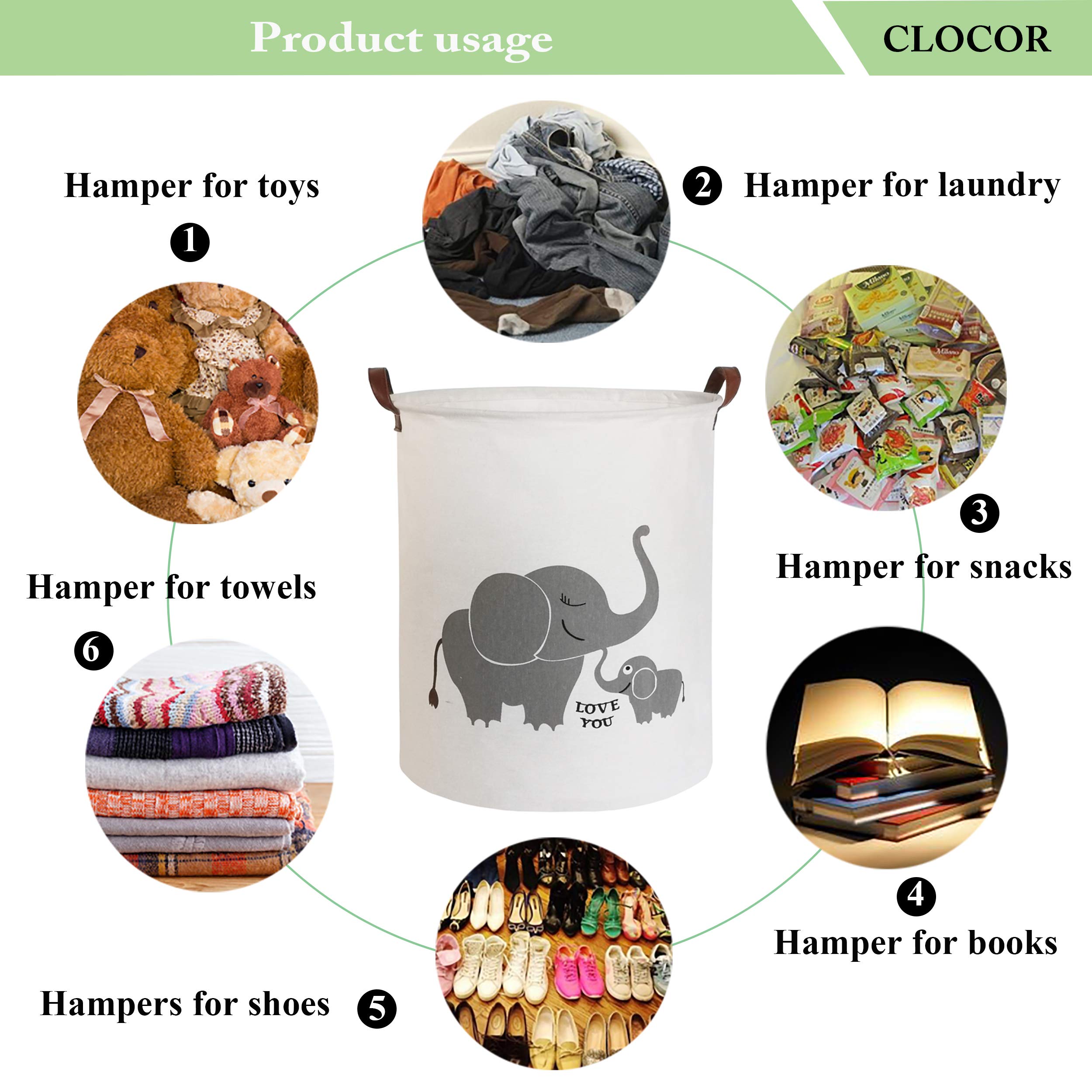 CLOCOR Collapsible Round Storage Bin - Large Foldable Laundry Basket & Toy Organizer with Love Elephant Design | Perfect for Kids Room, Nursery, Closet & Bathroom Organization