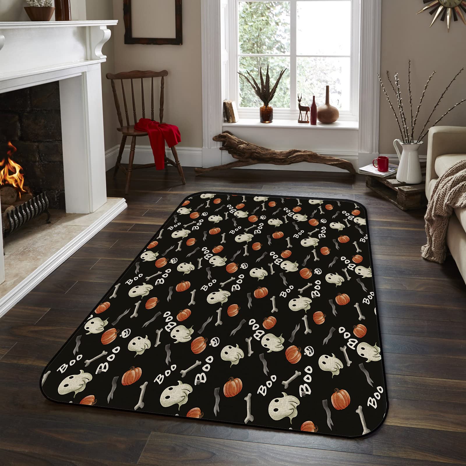 EZON-CH 5'x8' Large Halloween Pumpkin Ghost Black Area Rug - Non-Slip Washable Carpet for Bedroom, Dining Room, Living Room & Dorm - Perfect for Fall Decor and Spooky Home Atmosphere