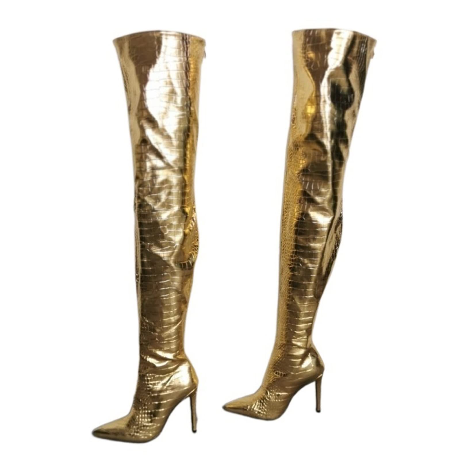 FiveShops Women's Sexy Gold Stiletto Over-The-Knee Boots with Back Zipper - Waterproof High Heel Knee High Boots for Women, Large Size, Perfect for Spring & Fall Fashion, Party Wear & Night Out